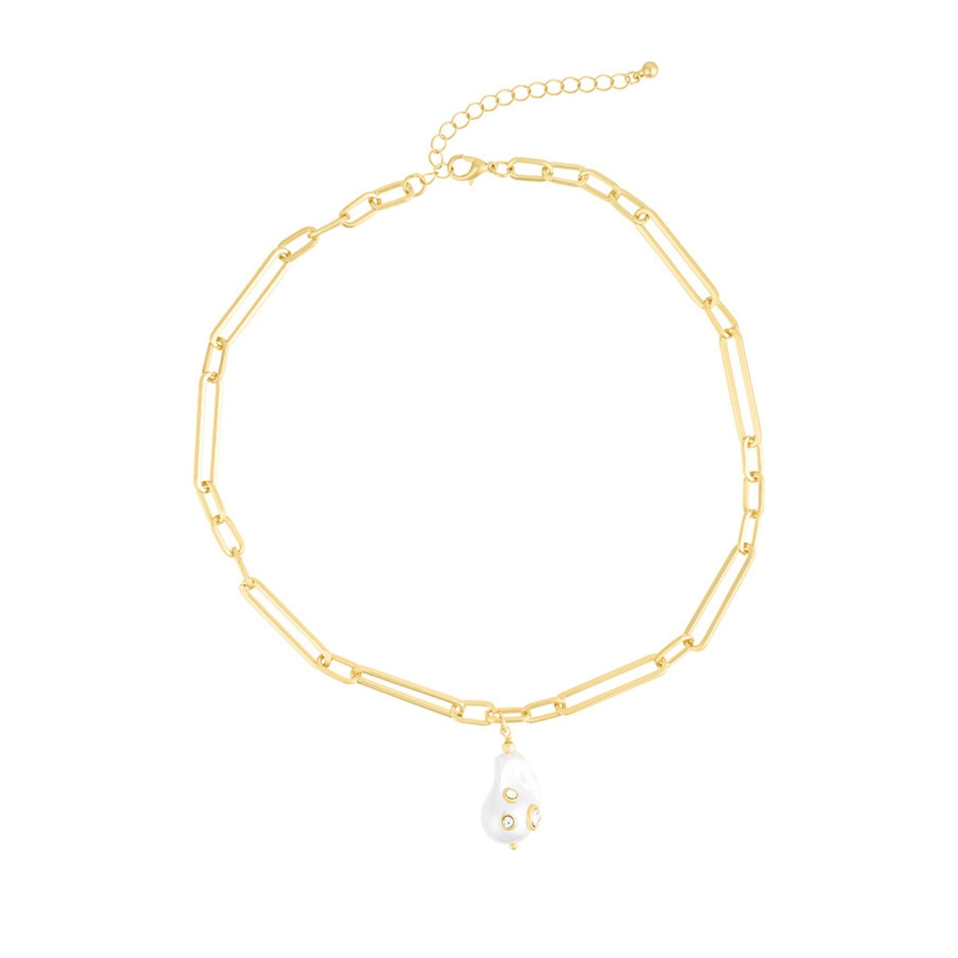 14k Gold Plated Paper Clip Chain With Crystal-decorated Pearl Drop Necklace