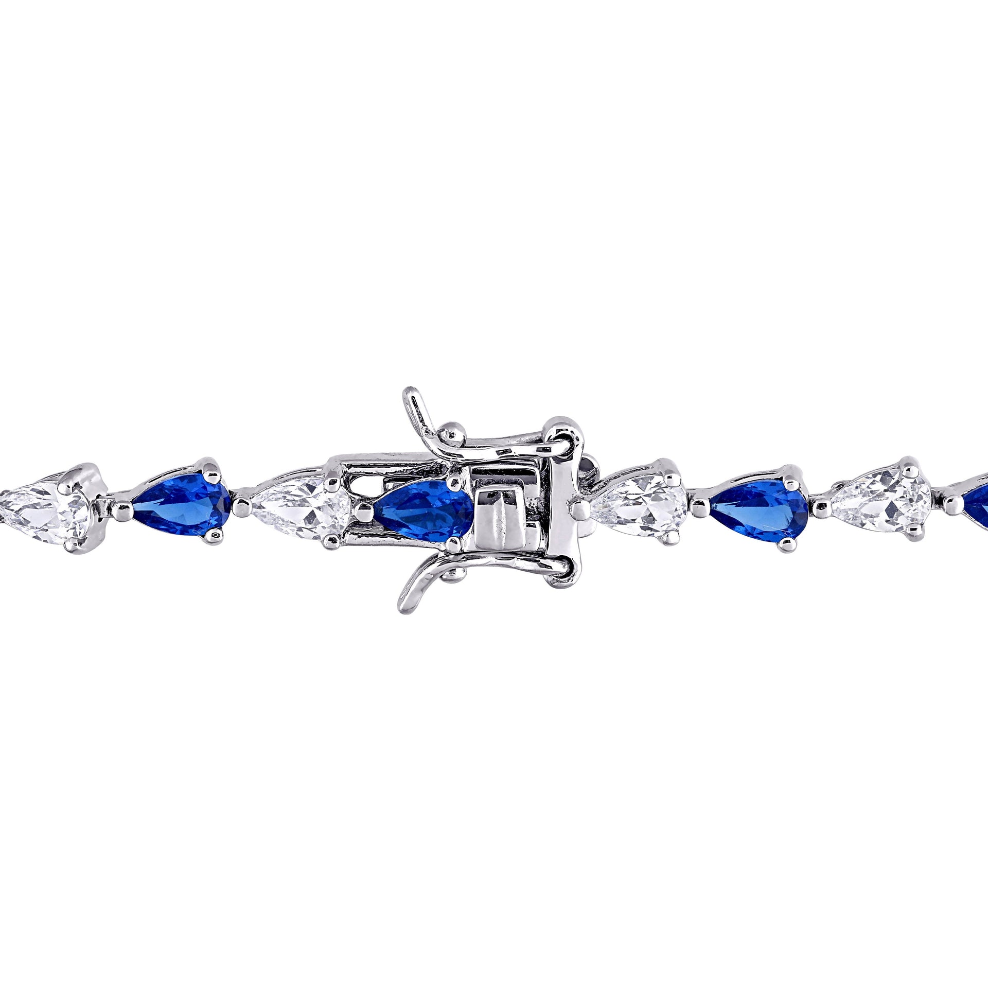10 1/2 CT TGW Pear Shape Created Blue and White Sapphire Tennis Bracelet in Sterling Silver