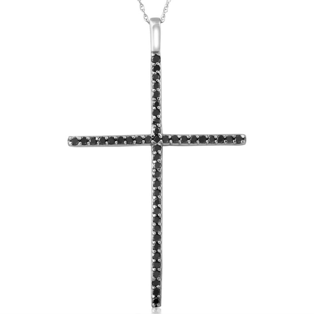 White Gold 1/2 CT Black Diamond Cross Pendant Necklace
