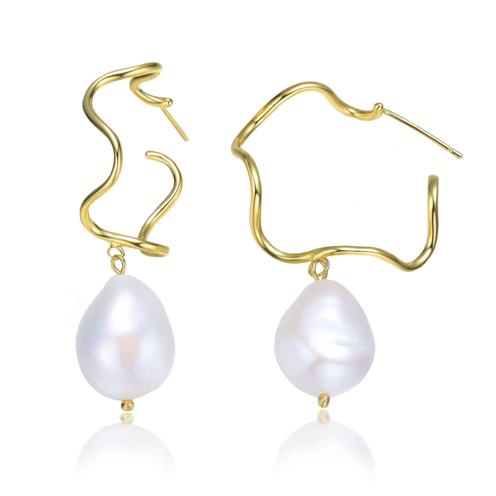 Sterling Silver Gold Plating Freshwater Pearl Curvy Hoop Earrings