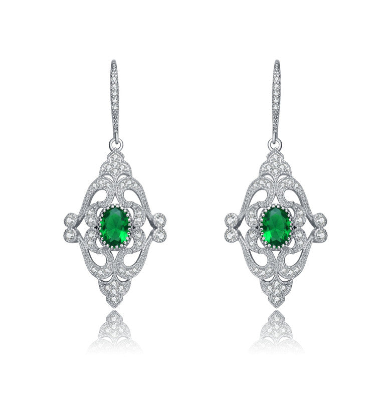 Sterling Silver White Gold Plating with Emerald Green Cubic Zirconia Leverback Earrings