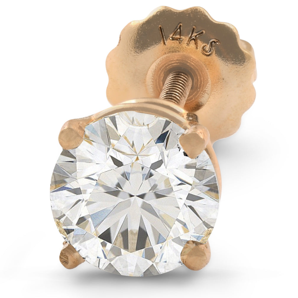 1 ct Single Diamond Stud Screw Back 14k Yellow Gold Enhanced