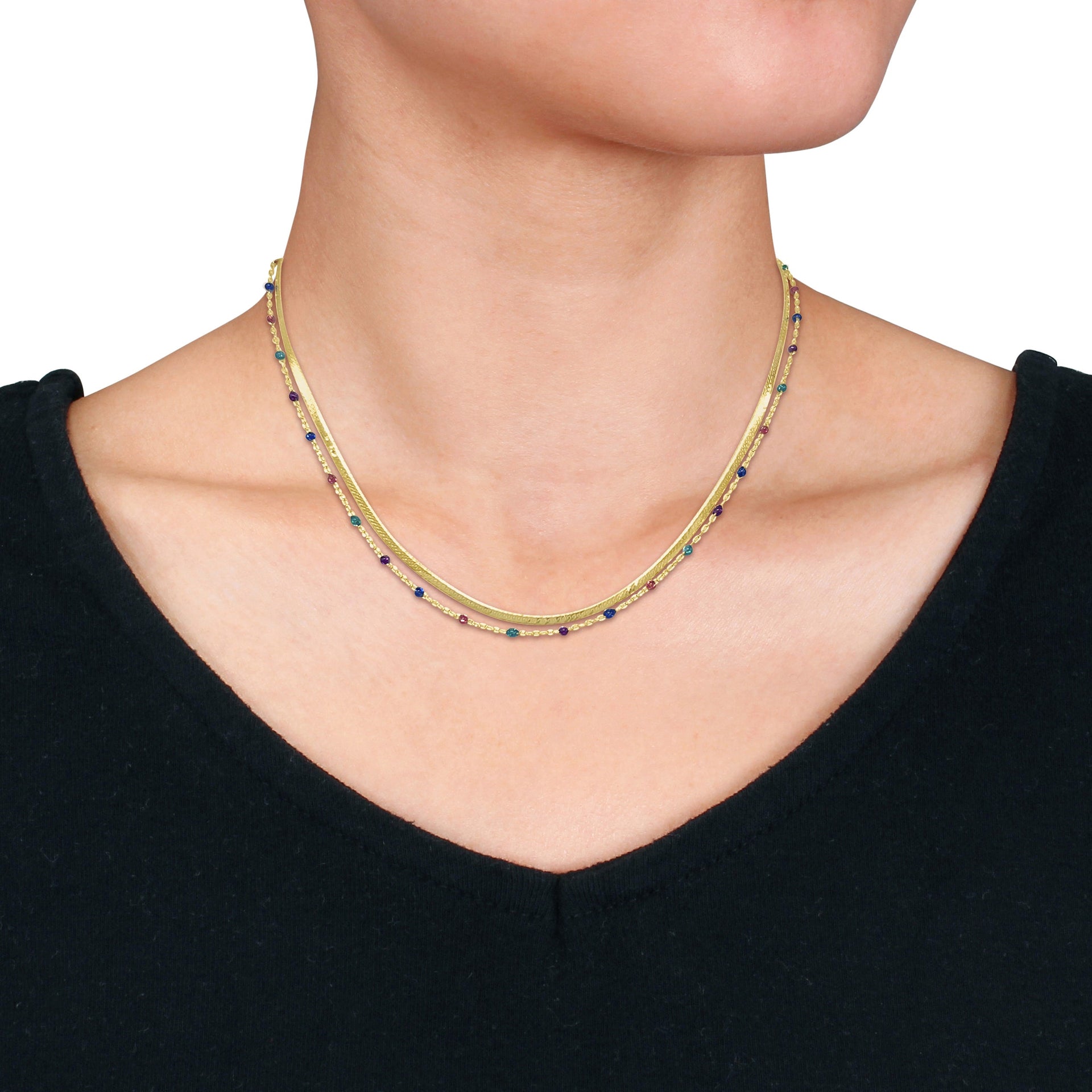 Mimi & Max Multi Color Bead Double Strand Herringbone Chain Necklace in Yellow Silver - 15+2 in.