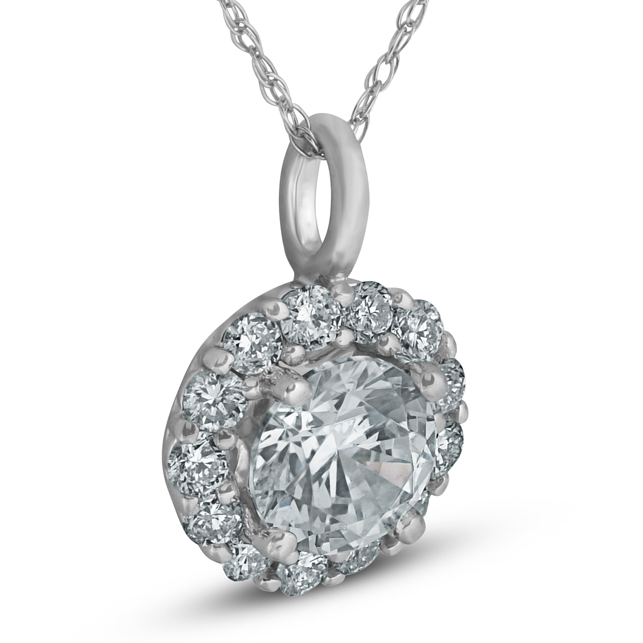 1 Ct Halo Diamond Pendant Necklace 18' 14k White Gold
