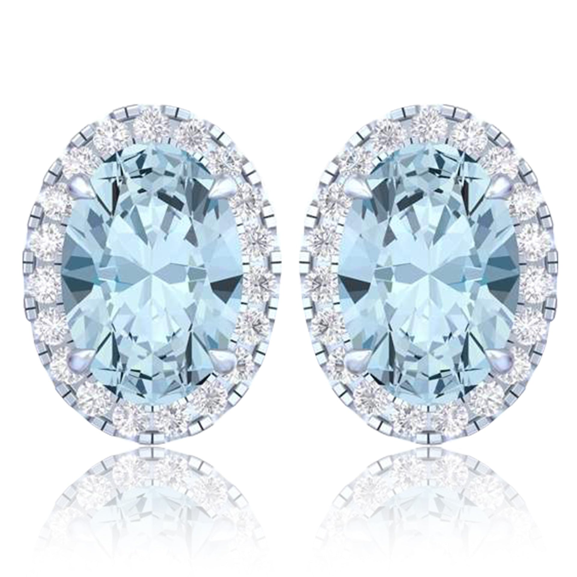 14k White Gold Vivid Blue Oval Cut 4.60 CT Lab-grown Diamond Halo Stud Earrings