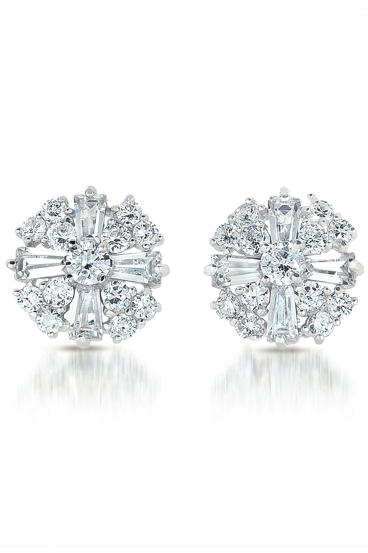 Cubic Zirconia Sterling Silver Rhodium Plated,14K Gold Plated Round Baguette Earrings