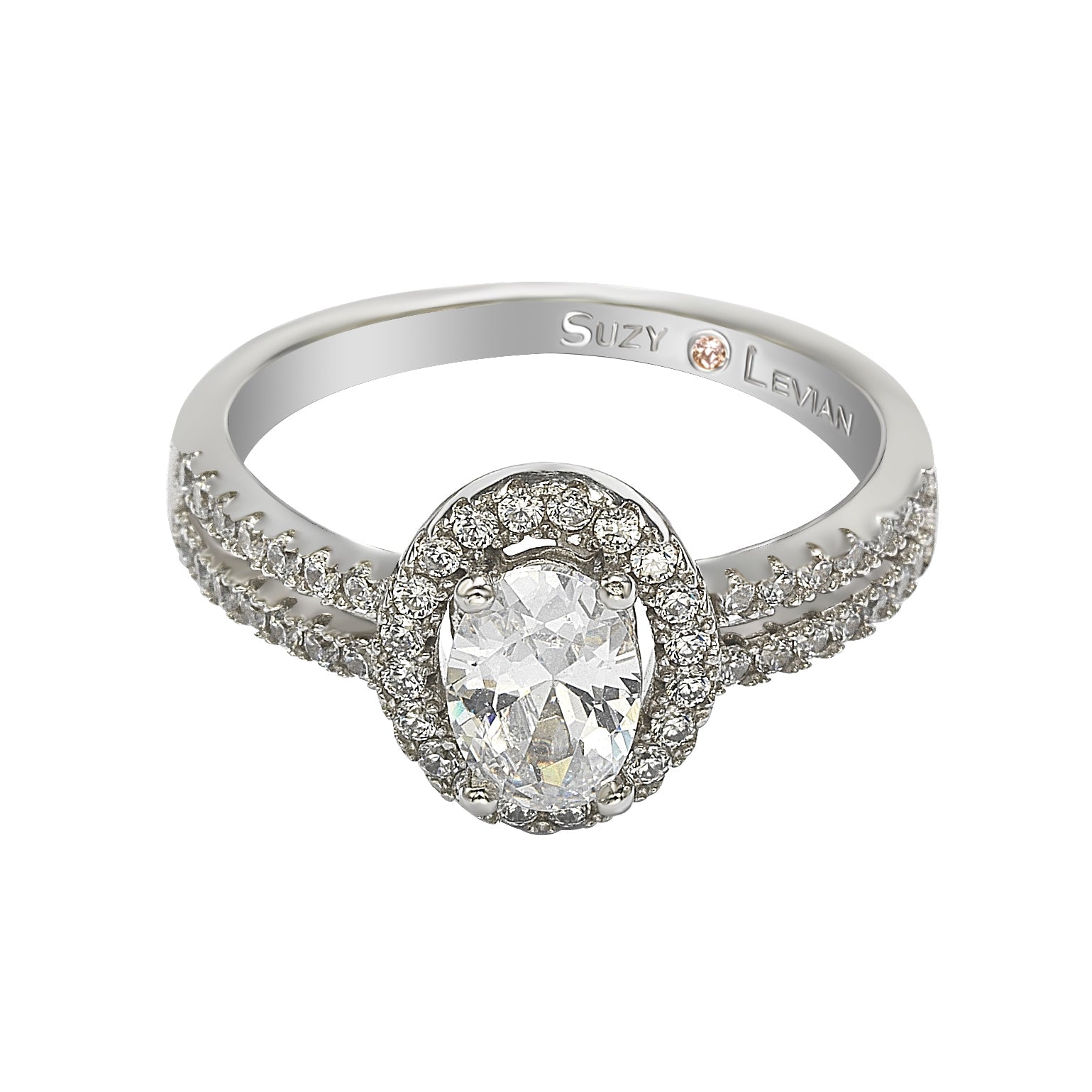 Suzy Levian Sterling Silver Oval Cut White Cubic Zirconia Halo Engagement Ring
