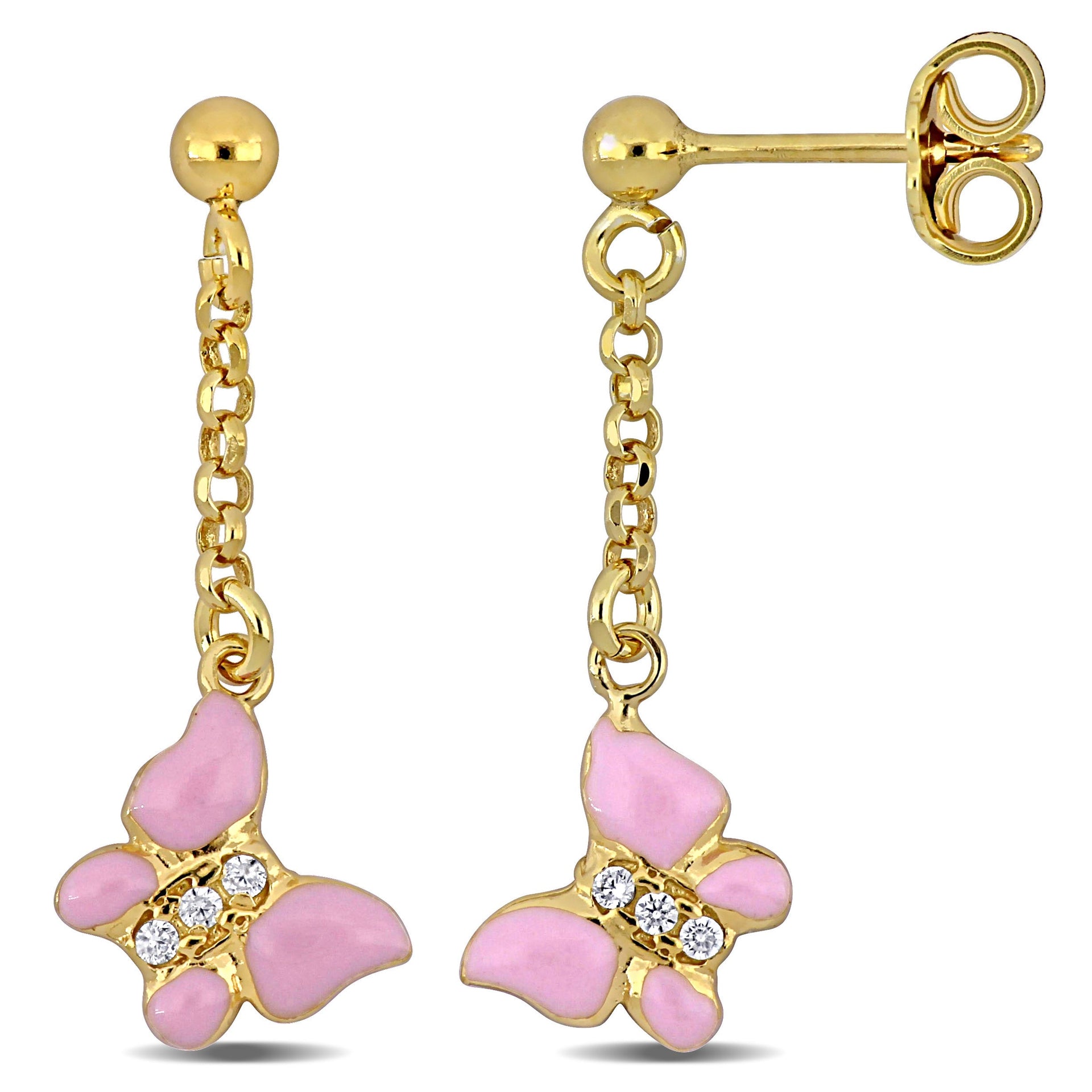 Mimi & Max Cubic Zirconia Pink Enamel Butterfly Drop Earrings in Yellow Plated Sterling Silver