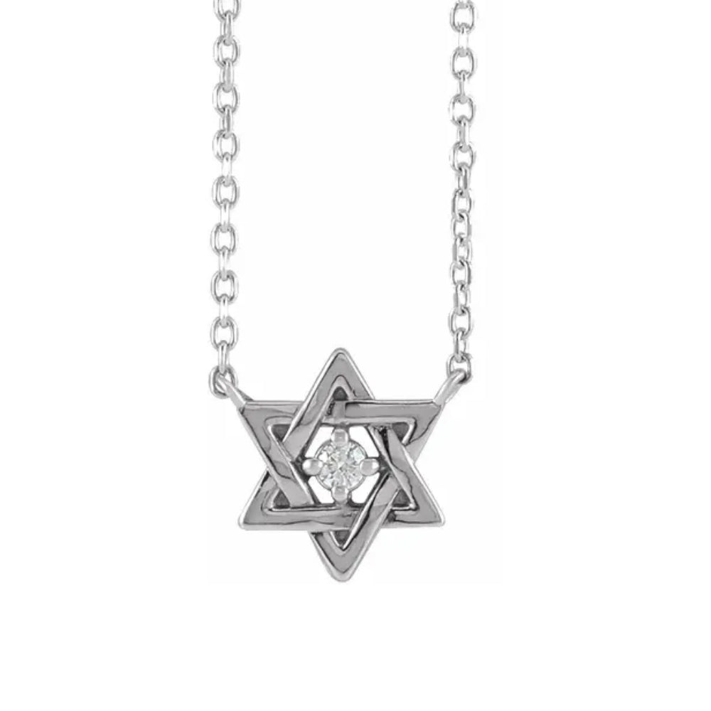 14k White Gold Star Of David Diamond Solitaire Pendant 18' Necklace