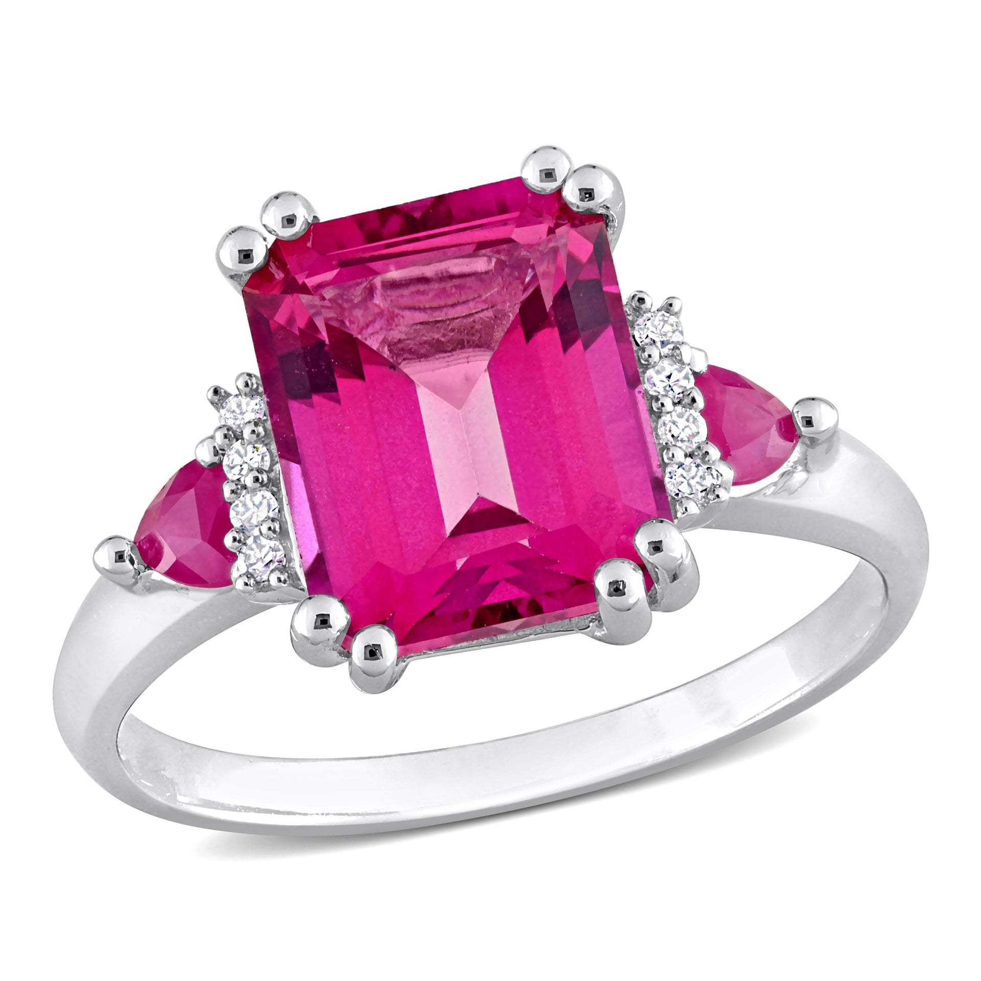 Mimi & Max Womens 4 1/2ct TGW Octagon-Cut Pink Topaz & Trilliant-Cut Ruby Diamond Accent 3-Stone Ring in Sterling Silver