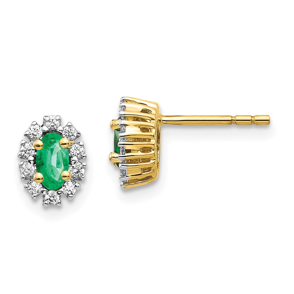14k Yellow Gold 1/5 CT Lab Grown Diamond And Oval Created Emerald Halo Stud Earrings