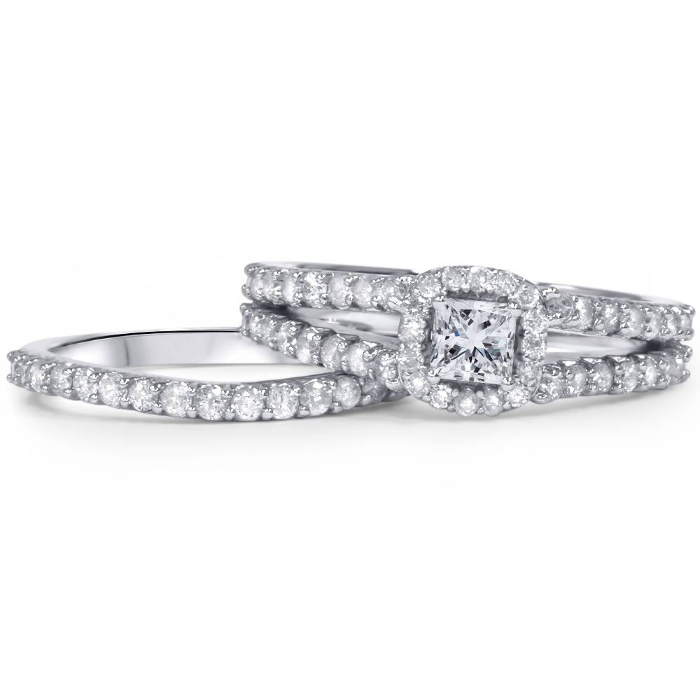 1 Carat Princess Cut Diamond Halo Engagement Wedding Ring Set White Gold