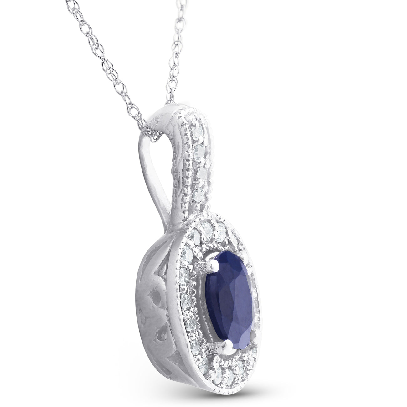 Oval Blue Sapphire Diamond Solitaire Pendant 14K White Gold
