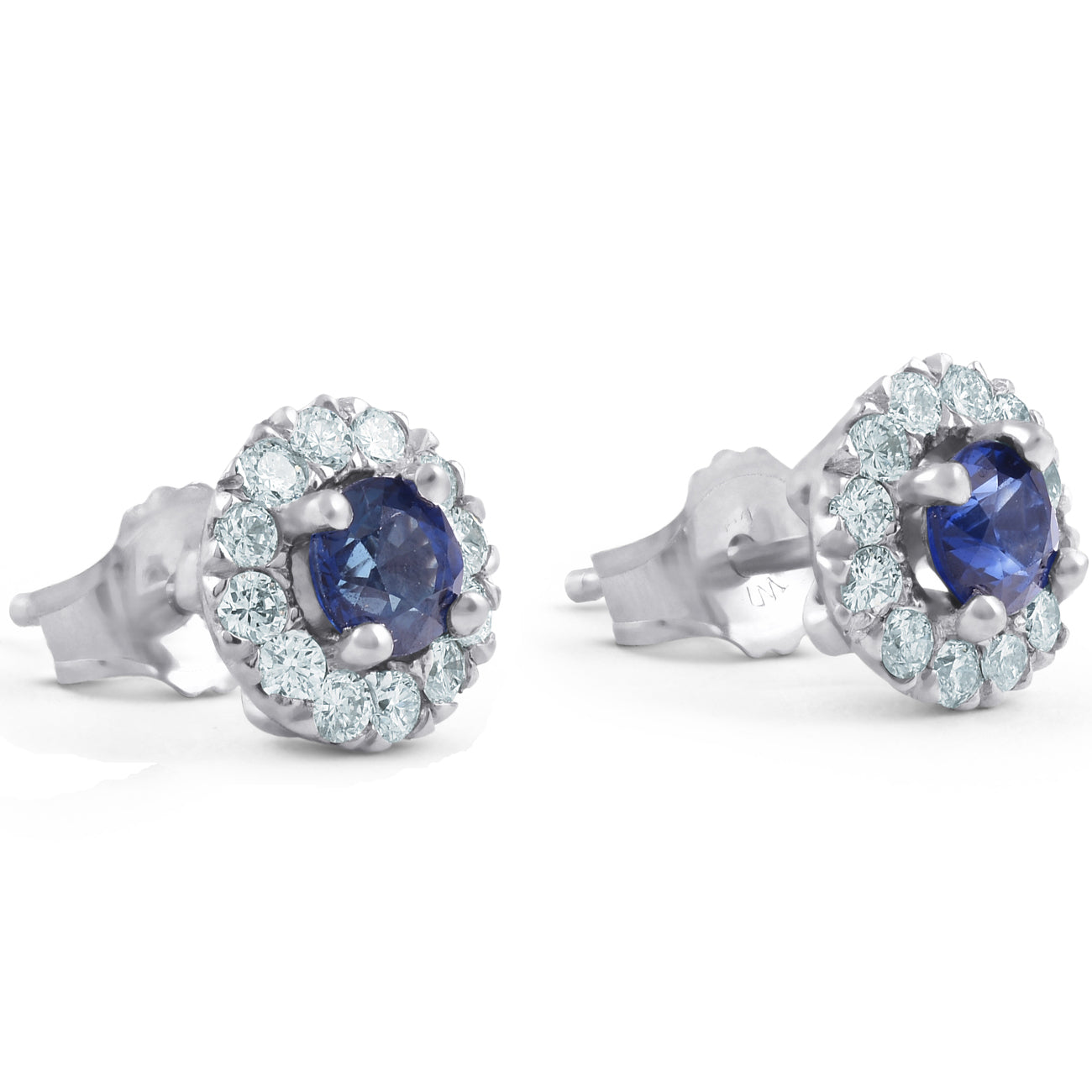1ct Halo Blue Sapphire Round Cut Diamond Studs 14k White Gold