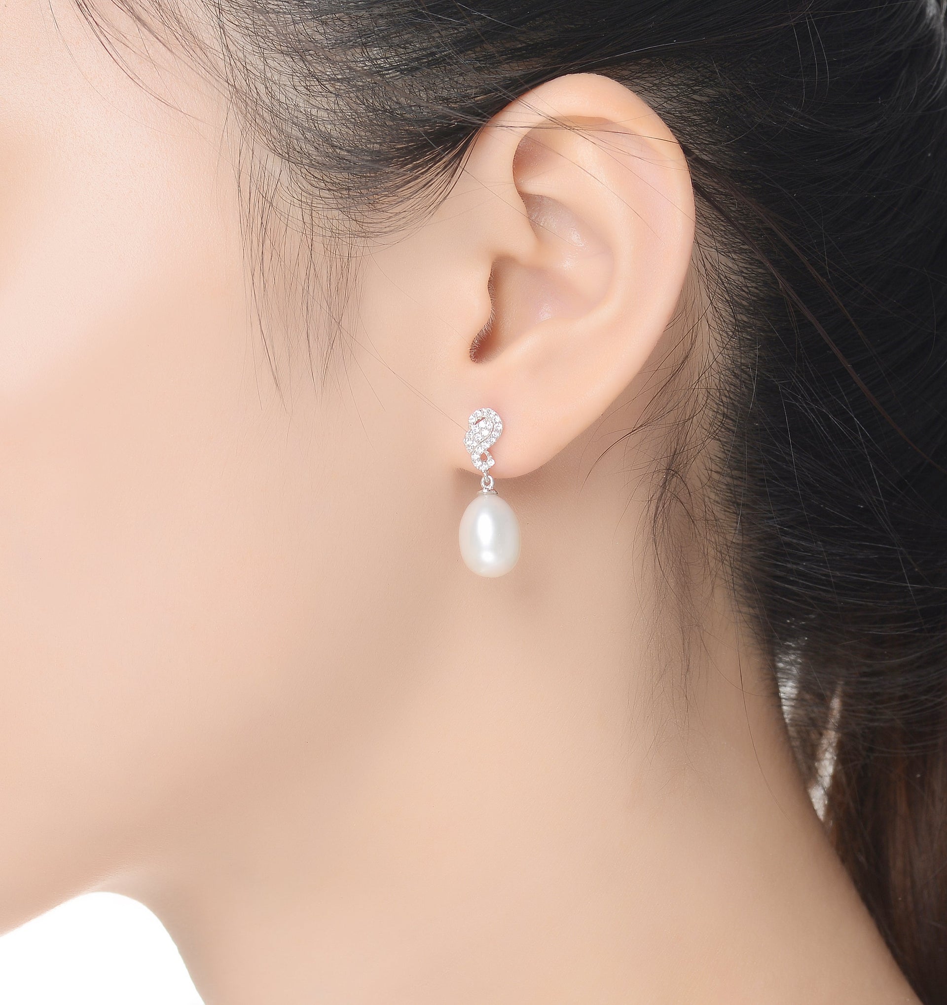 C.z. Sterling Silver Rhodium Plated Swirl Design White Pearl Drop Earrings