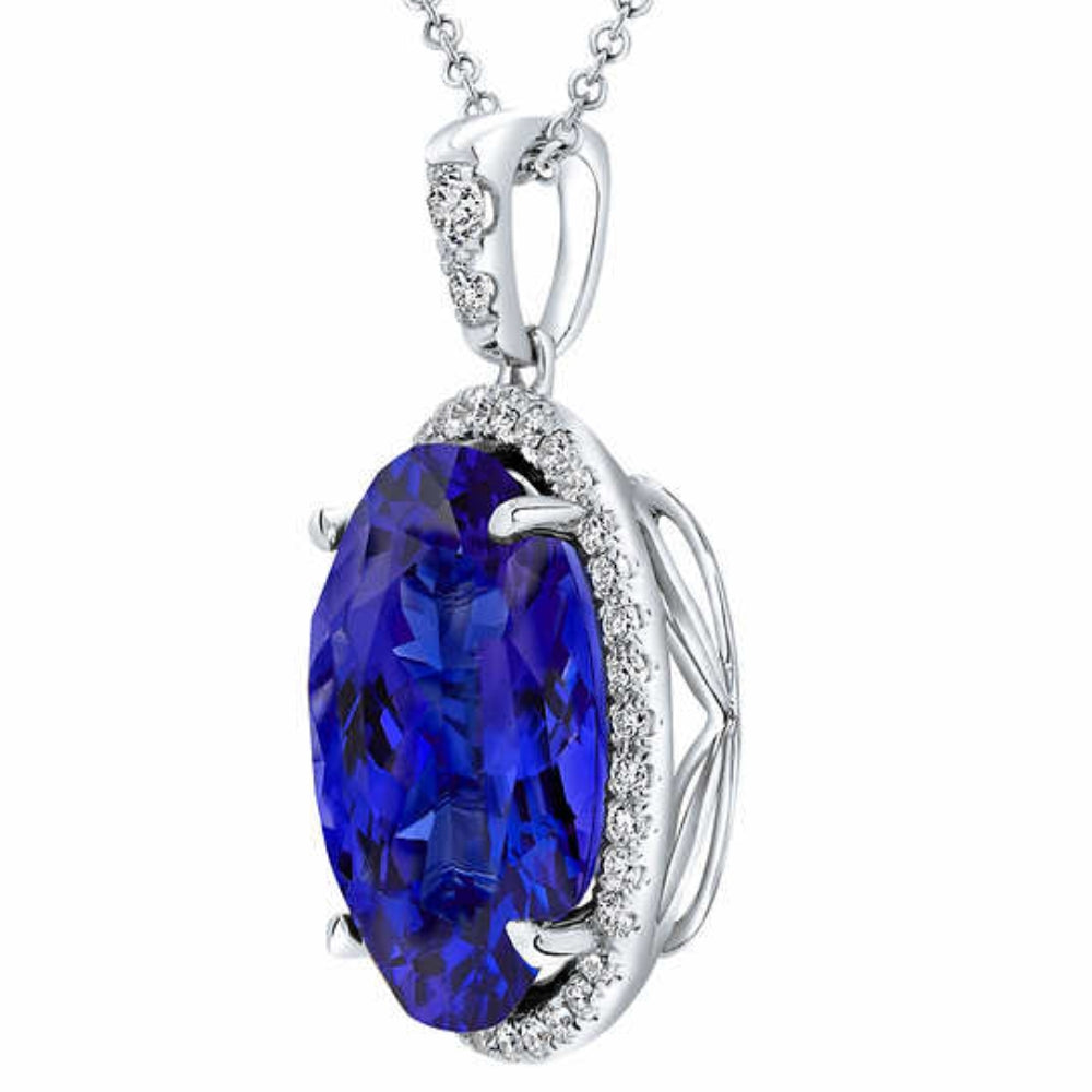 5 CT TW Oval Tanzanite & Lab Grown Diamond Halo Pendant 14k White Gold Necklace