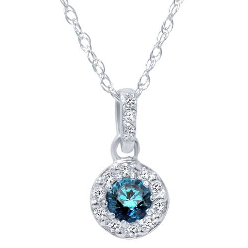 1/4ct Blue Diamond Petite Halo Solitaire Pendant 14K White Gold