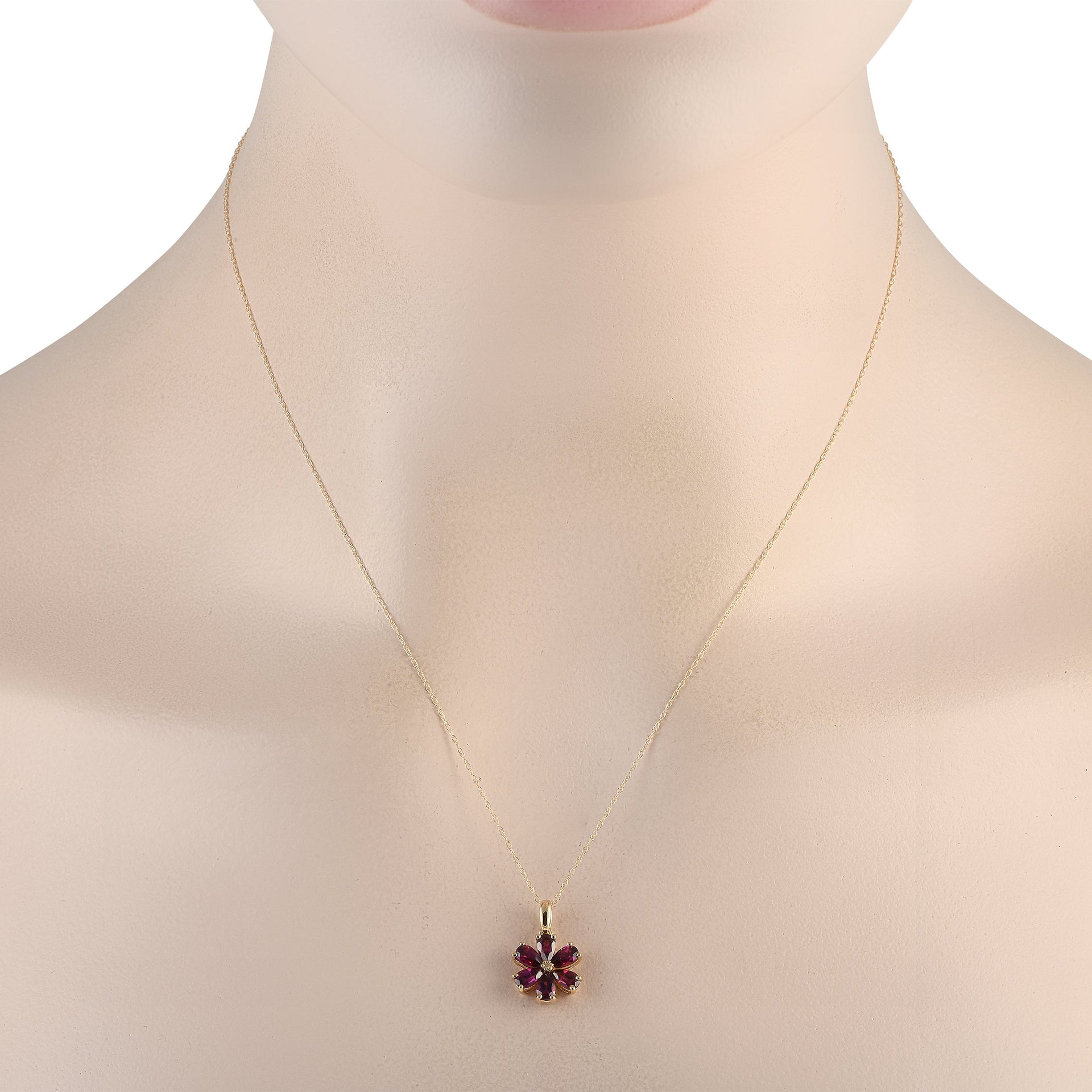 LB Exclusive 14K Yellow Gold 0.01ct Diamond and Rhodolite Flower Necklace PD4-15845YRHOD