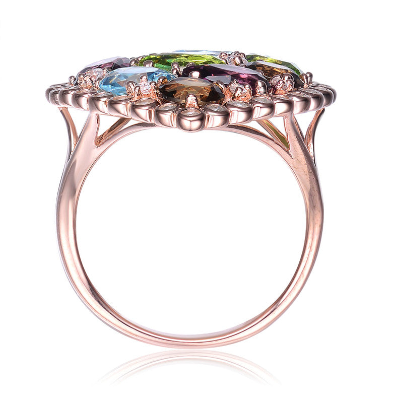 GENEVIVE Sterling Silver Rose Gold Plated Multi Colored Cubic Zirconia Cocktail Ring