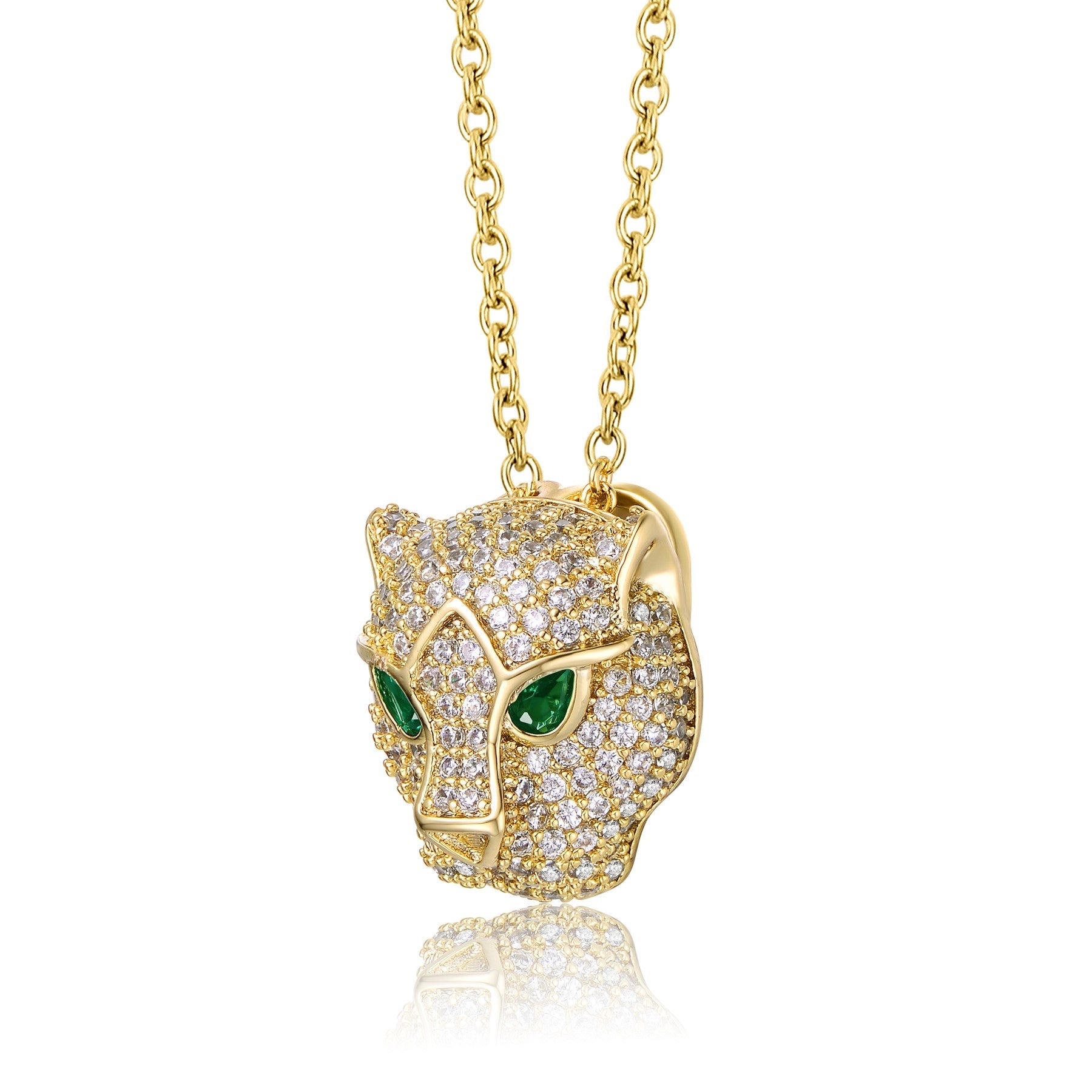 RG 14k Yellow Gold Plated with Emerald & Cubic Zirconia 3D Panther Head Pendant Layering Necklace