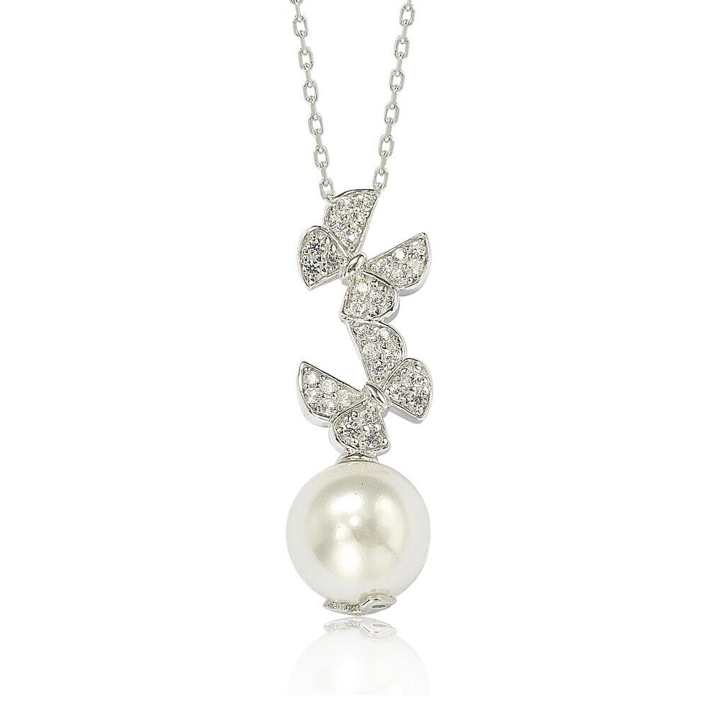 Suzy Levian Sterling Silver Pearl and White Sapphire Butterfly Pendant