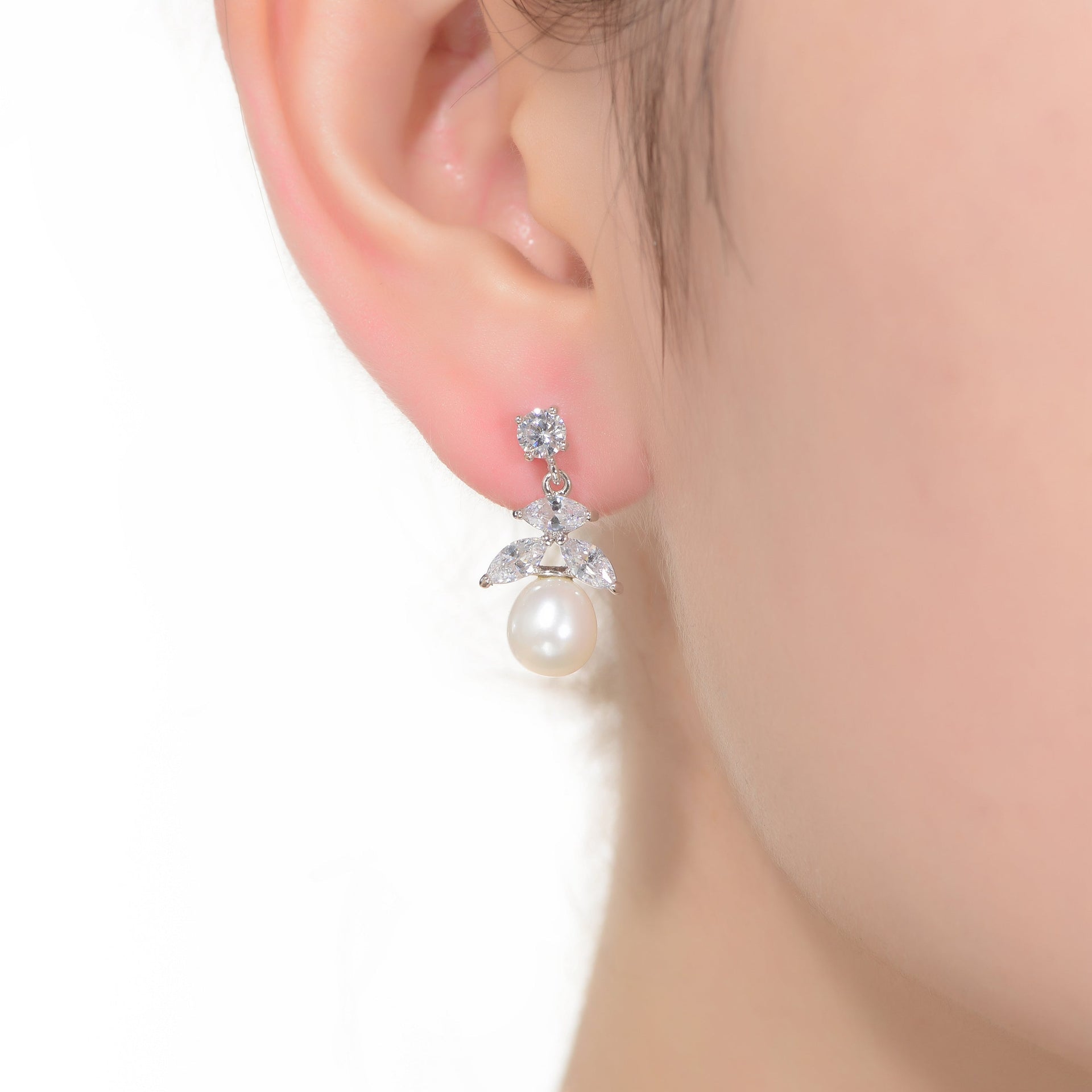 Sterling Silver With Rhodium Plated White Round Freshwater Pearl With Marquise And Round Cubic Zirconia Earrings