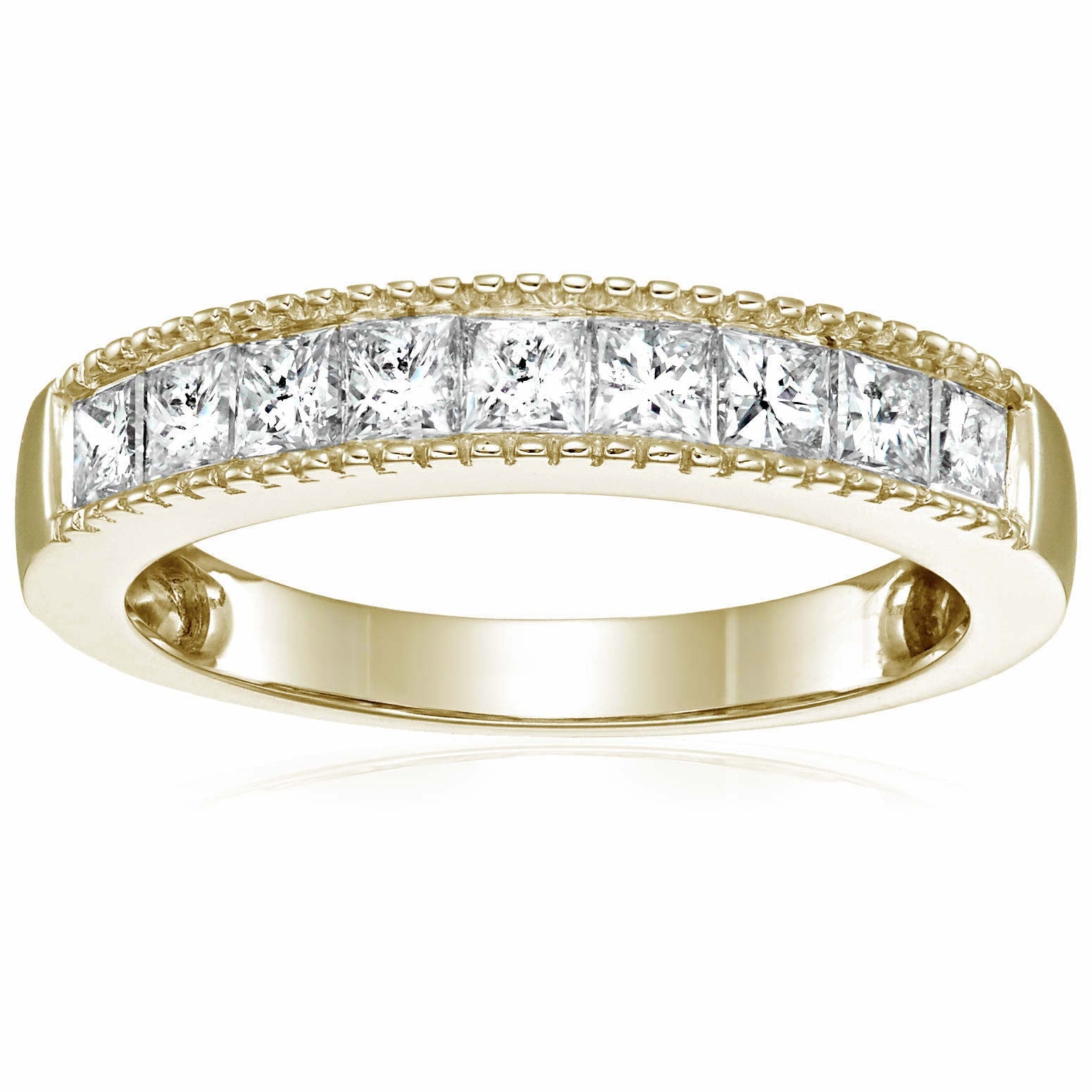 1 Cttw Diamond Wedding Band For Women Princess Cut Diamond Wedding Band 14K Yellow Gold With Milgrain Size 4.5-9.5