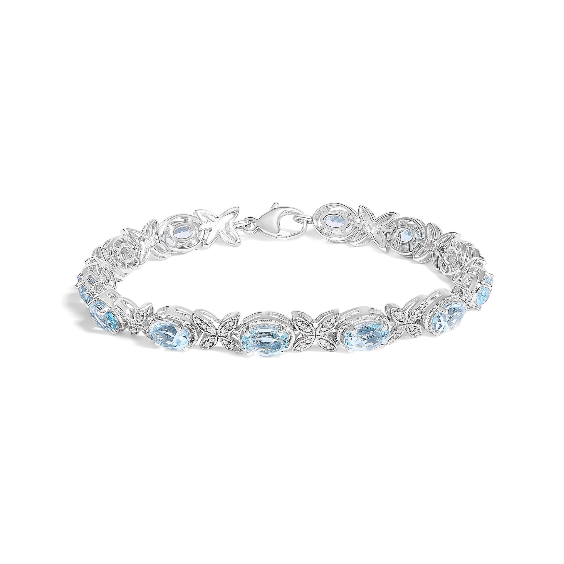 .925 Sterling Silver Oval Blue Topaz Diamond Butterfly Link Bracelet (I-J Color, I1-I2 Clarity) - Size 7' Inches