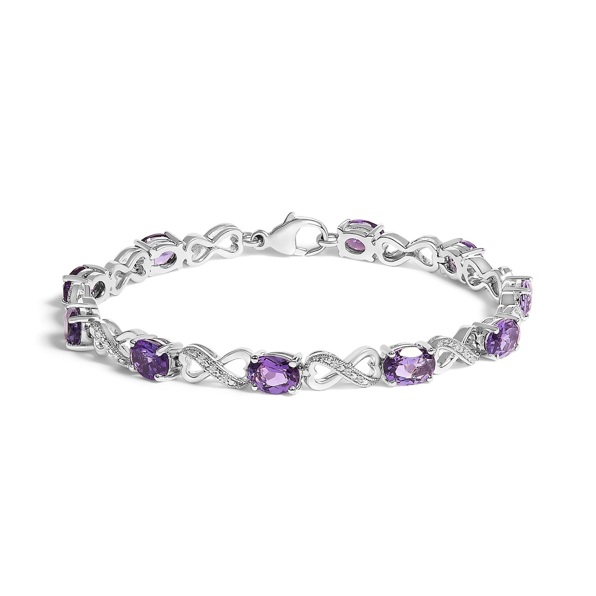 .925 Sterling Silver Oval Purple Amethyst and Diamond Infinity Link Bracelet (I-J Color, I1-I2 Clarity) - 7' Inches