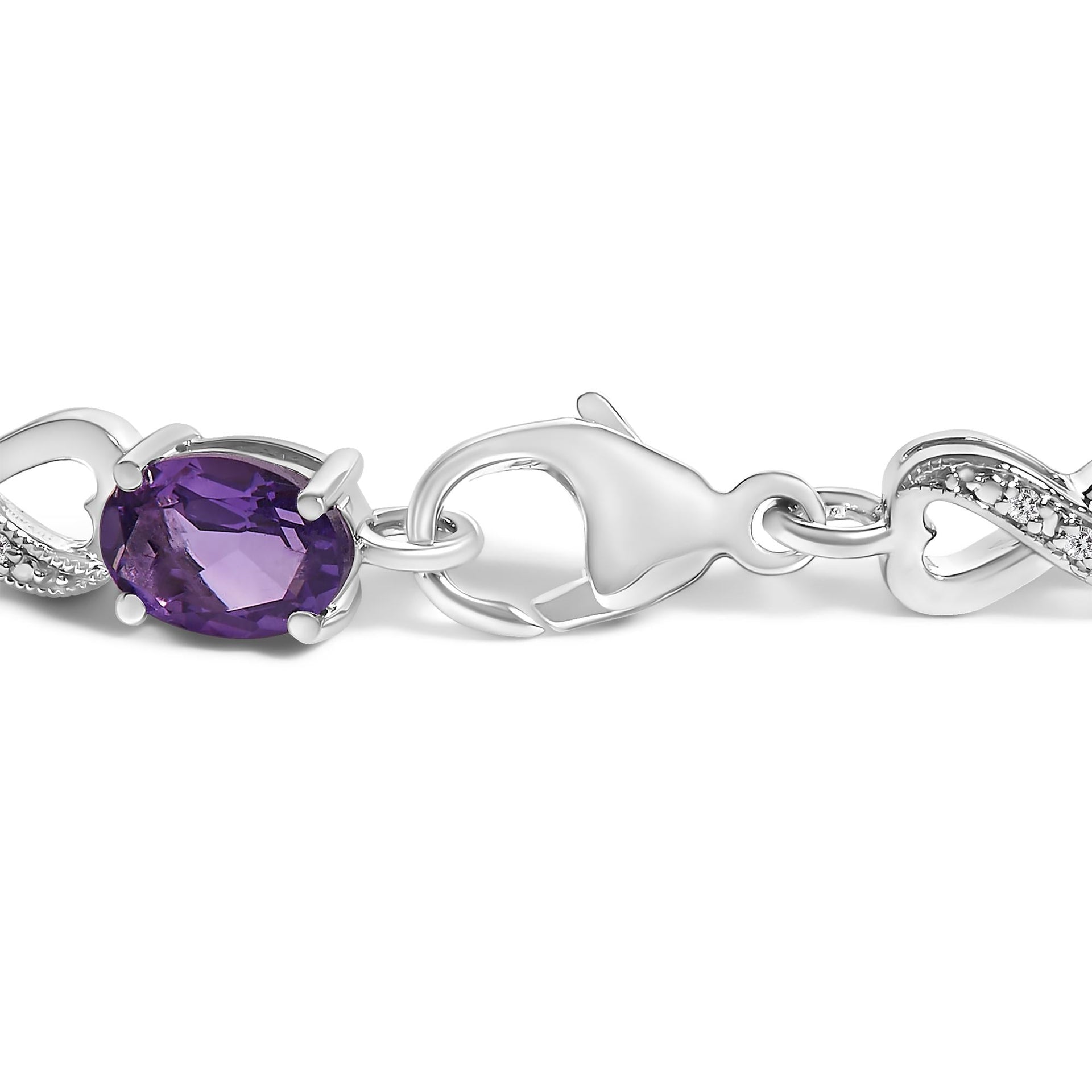 .925 Sterling Silver Oval Purple Amethyst and Diamond Infinity Link Bracelet (I-J Color, I1-I2 Clarity) - 7' Inches