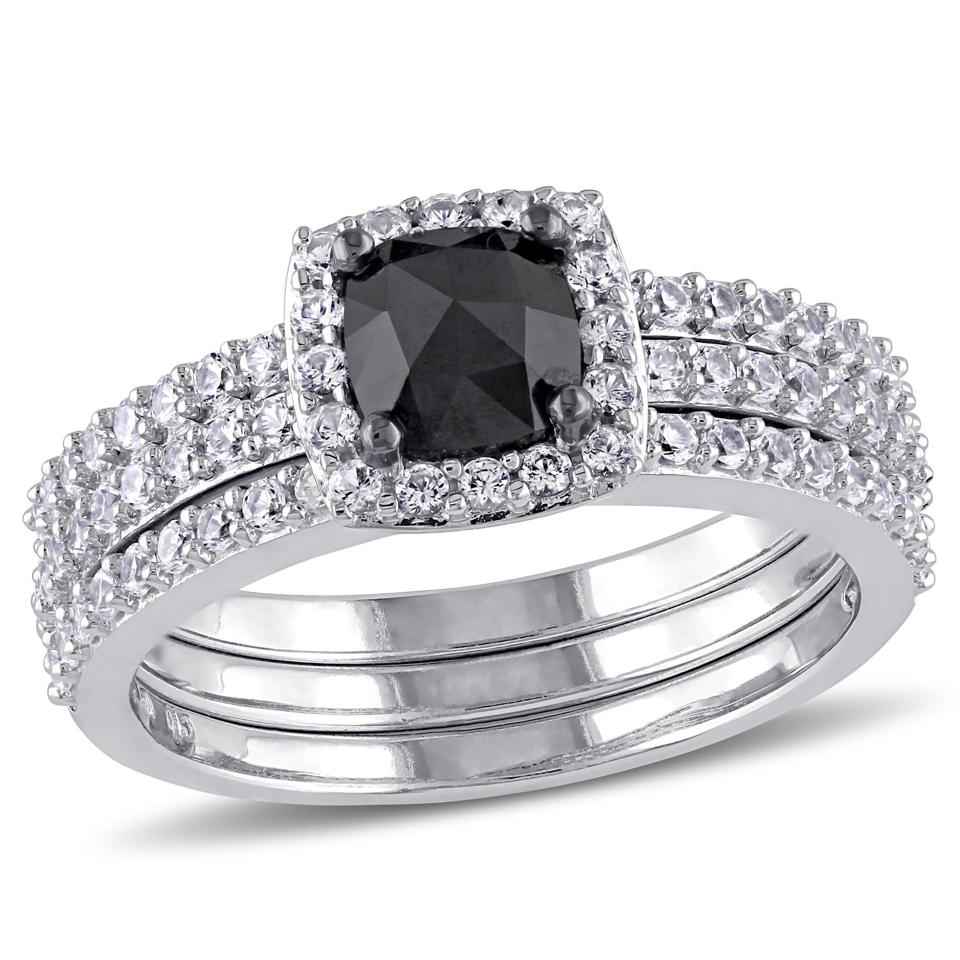 Mimi & Max 3/4ct TW Black Cushion Cut Diamond Created White Sapphire Bridal Set 10k White Gold