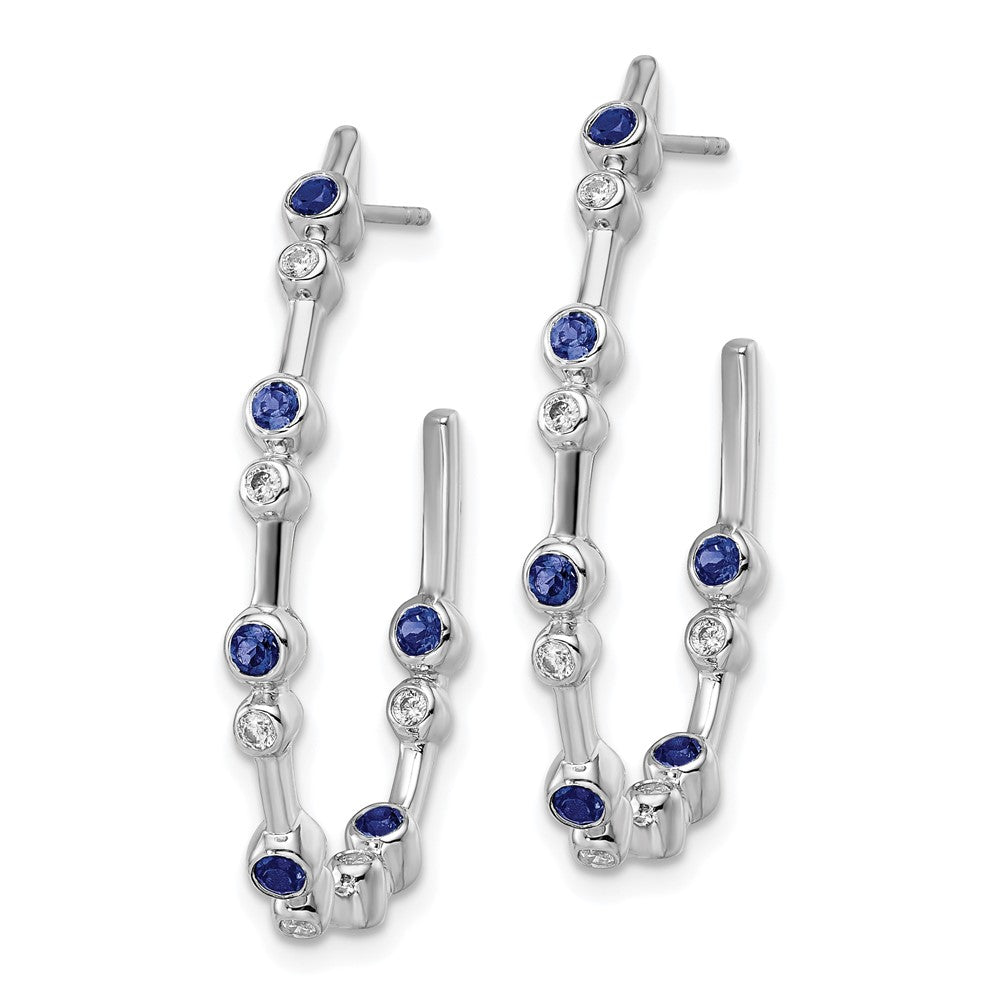 14k White Gold 1/5 CT Lab Grown Diamond And Blue Sapphire Hoop Earrings VS Clarity D-E Color