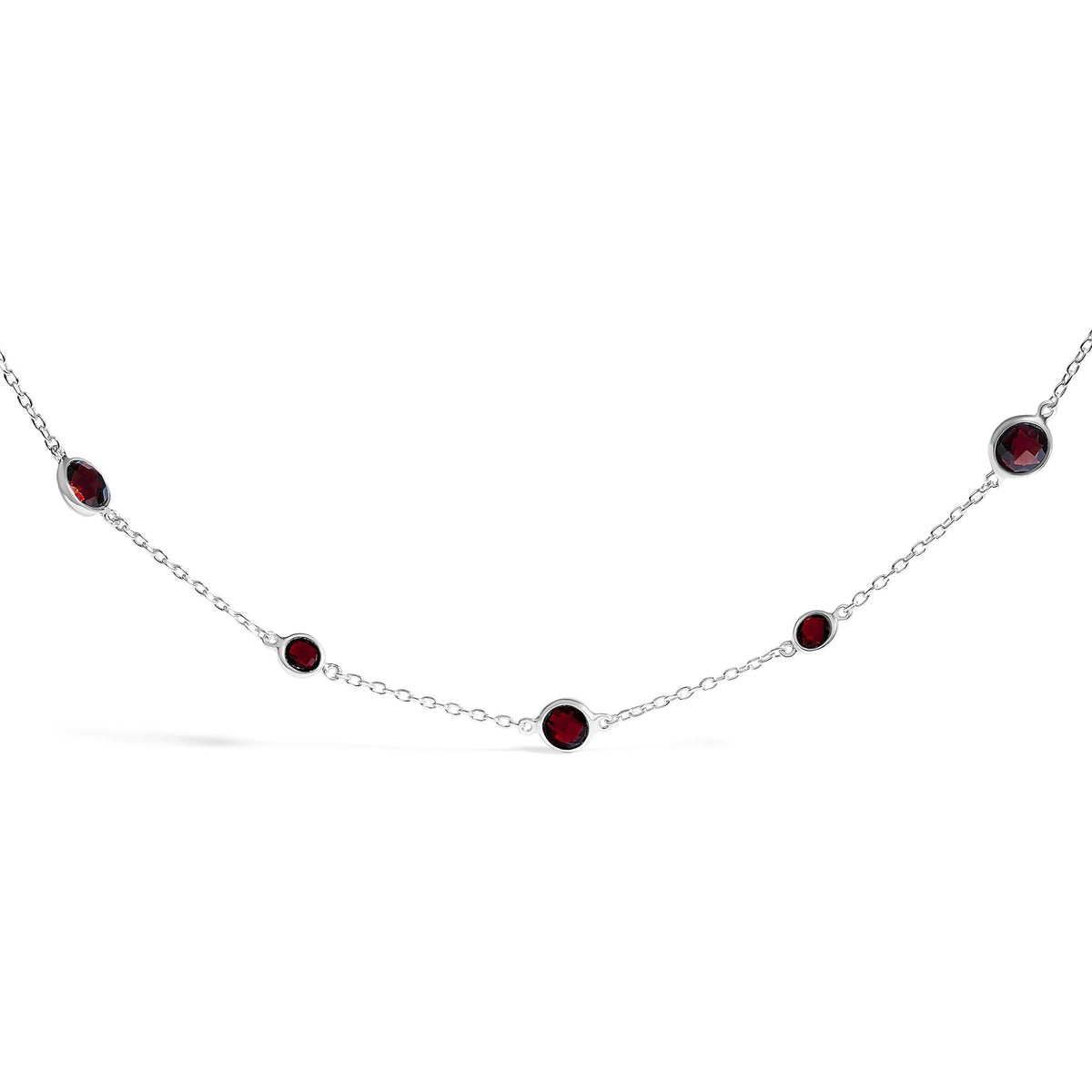 .925 Sterling Silver Checkerboard Cut Red Garnet Bezel Station Necklace - 22' Inches