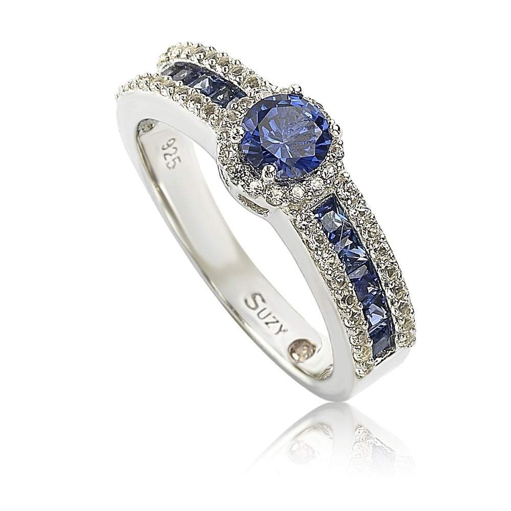 Suzy Levian Sterling Silver Blue Sapphire & Diamond Accent Princess-Cut Bridal Ring