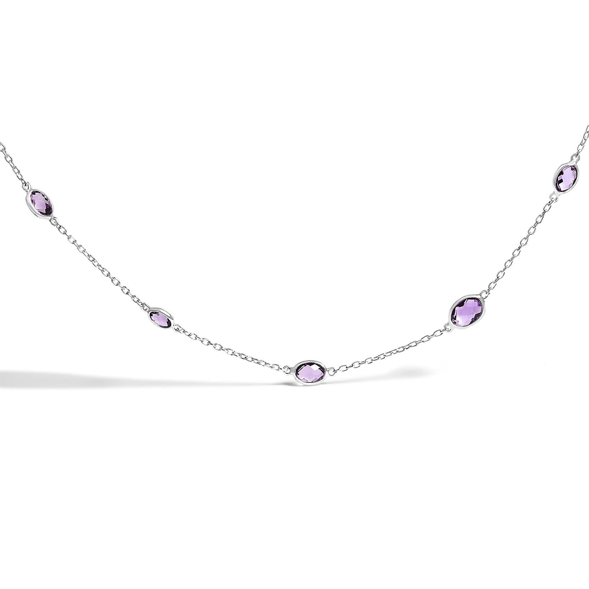 .925 Sterling Silver Checkerboard Cut Purple Amethyst Bezel Station Necklace - 22' Inches