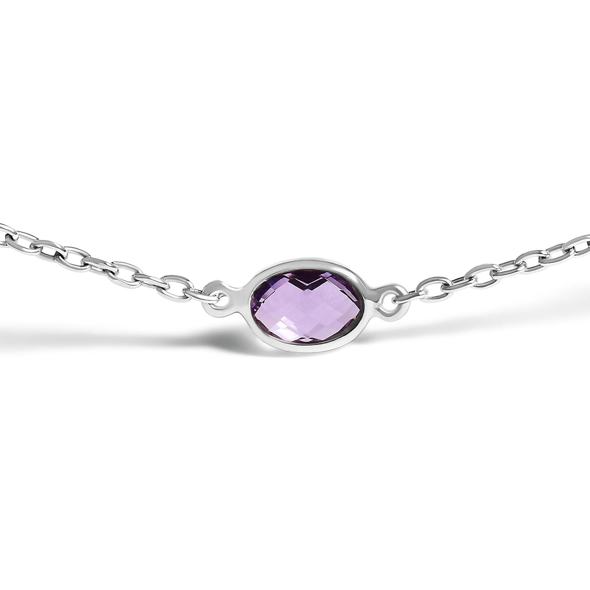 .925 Sterling Silver Checkerboard Cut Purple Amethyst Bezel Station Necklace - 22' Inches