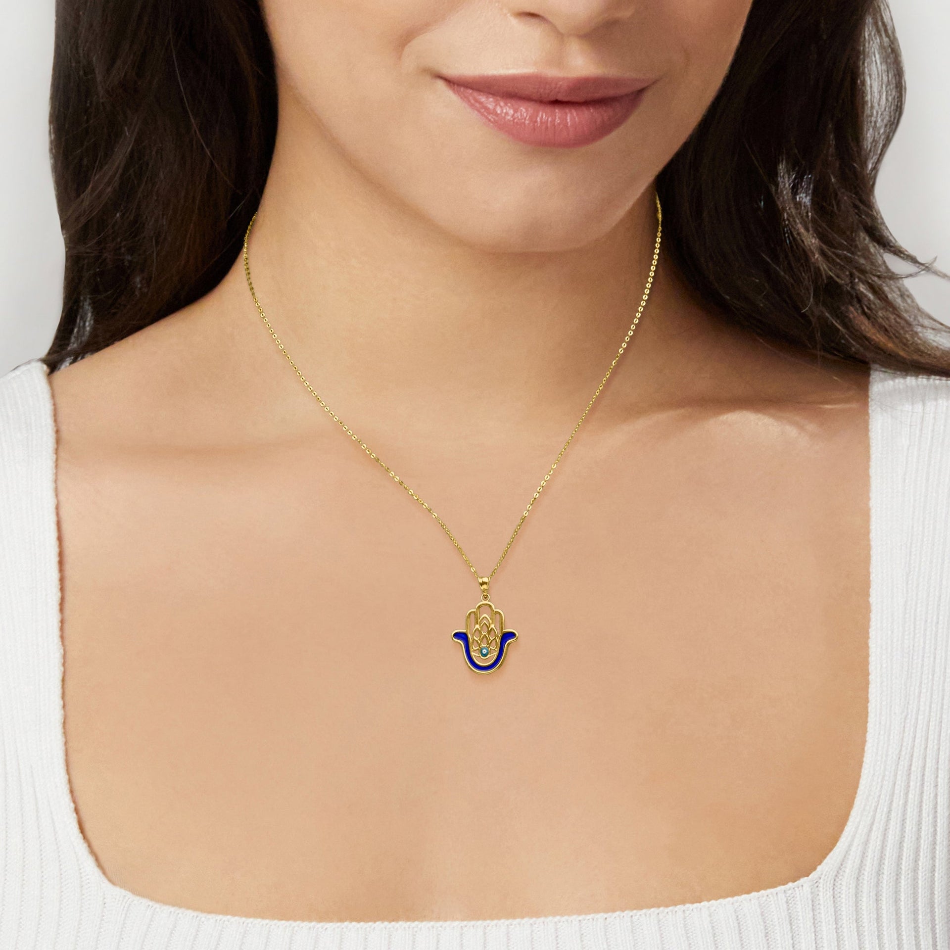 Canaria 10kt Yellow Gold Hamsa Hand Pendant Necklace With Blue Enamel