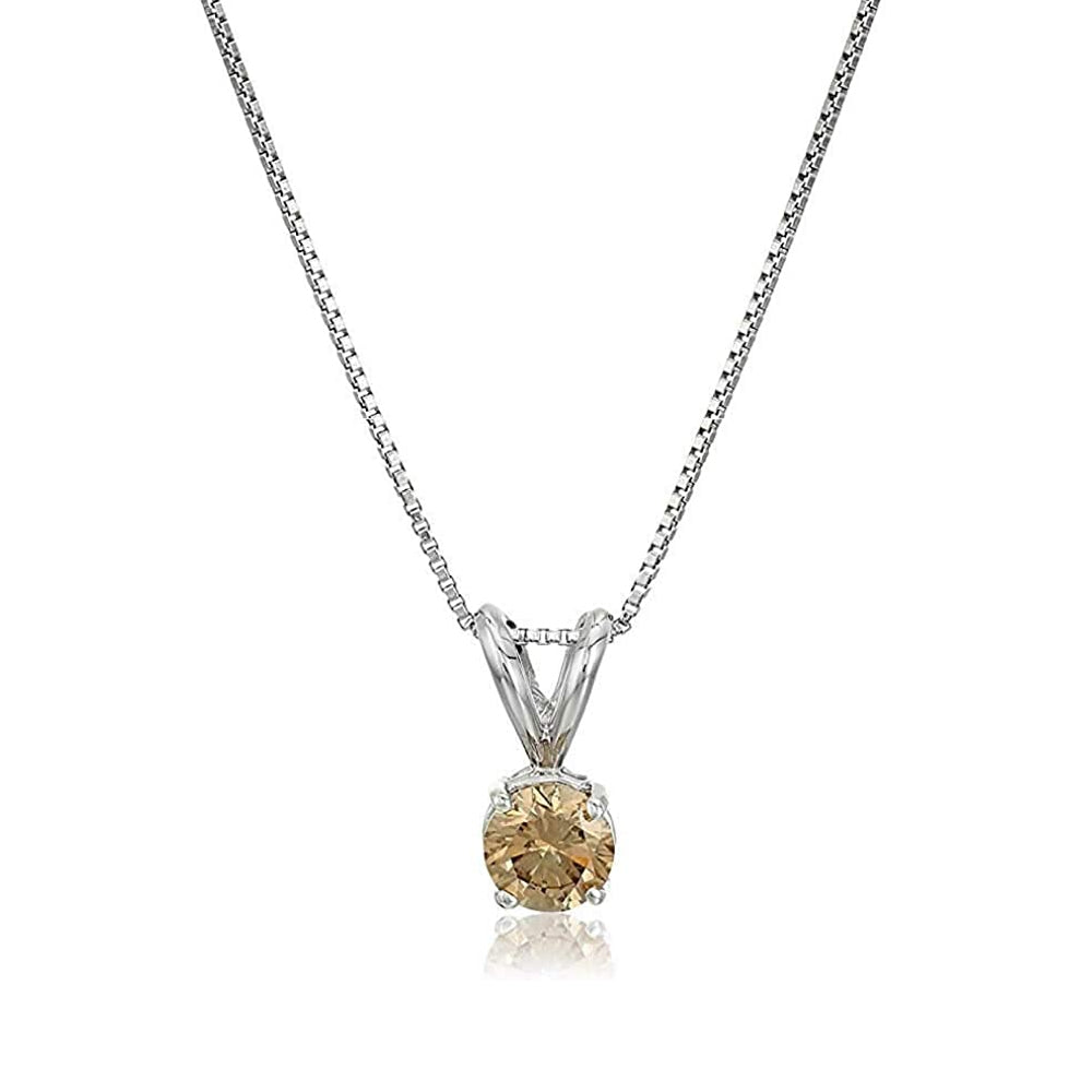 1/3 cttw Champagne Diamond Solitaire Pendant 14K White Gold Round with Chain
