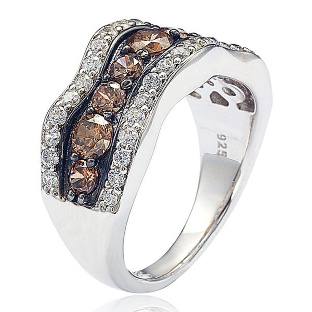 Suzy Levian Brown and White Cubic Zirconia Sterling Silver Wavy Ring