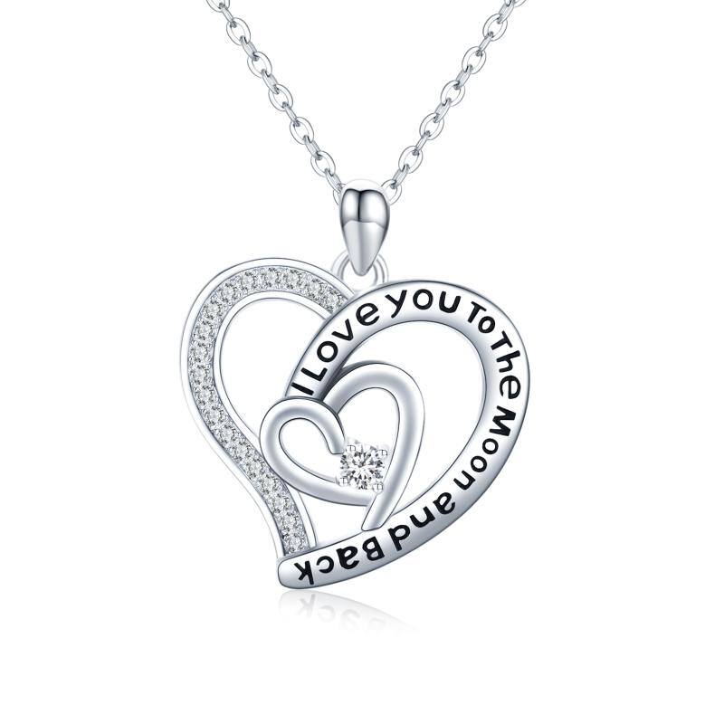 Sterling Silver Cubic Zirconia Heart Pendant Engraved Necklace for Women