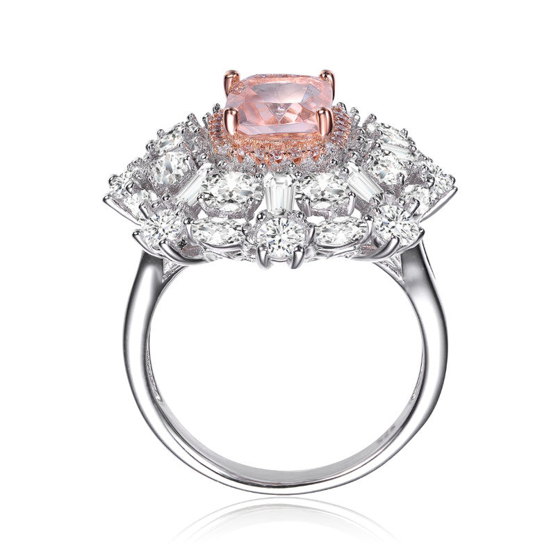 GENEVIVE Sterling Silver Two Tone Morganite Cubic Zirconia Cocktail Ring