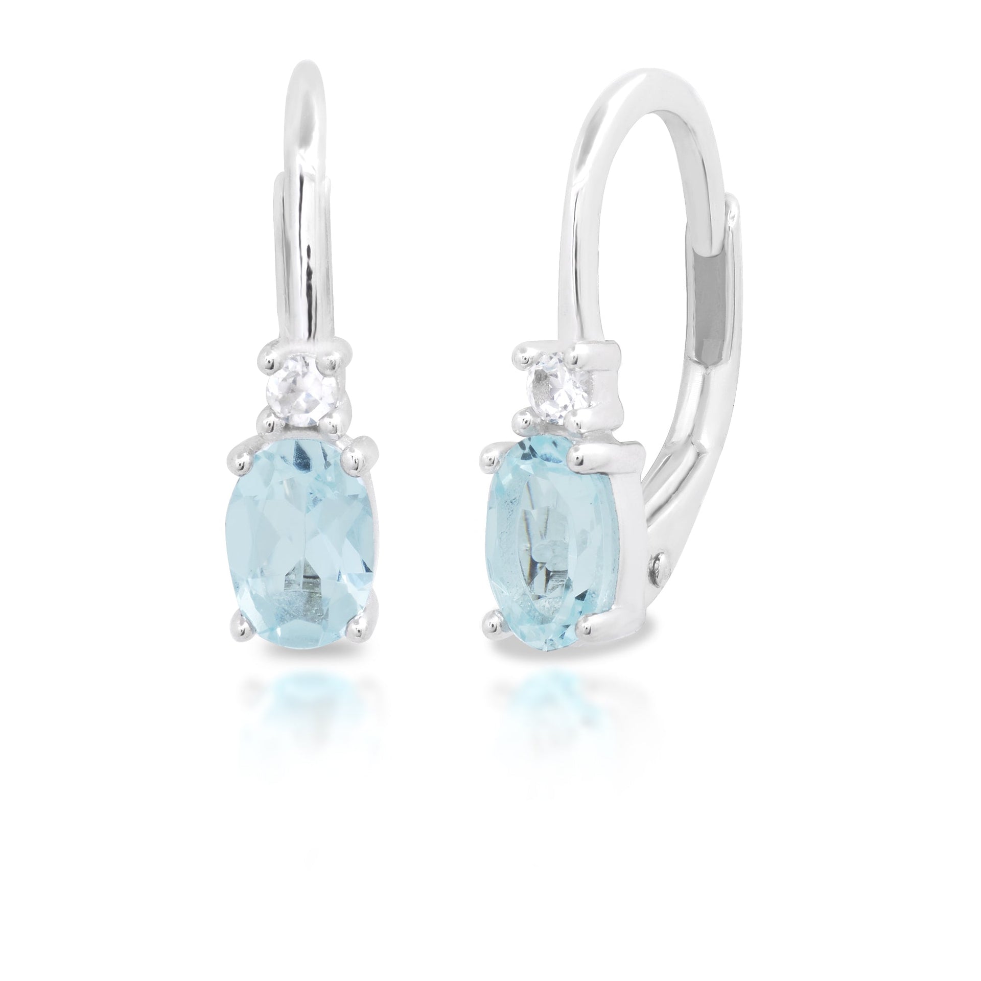 Sterling Silver Oval Cut 4x6MM Aquamarine and White Sapphire Leverback Earrings