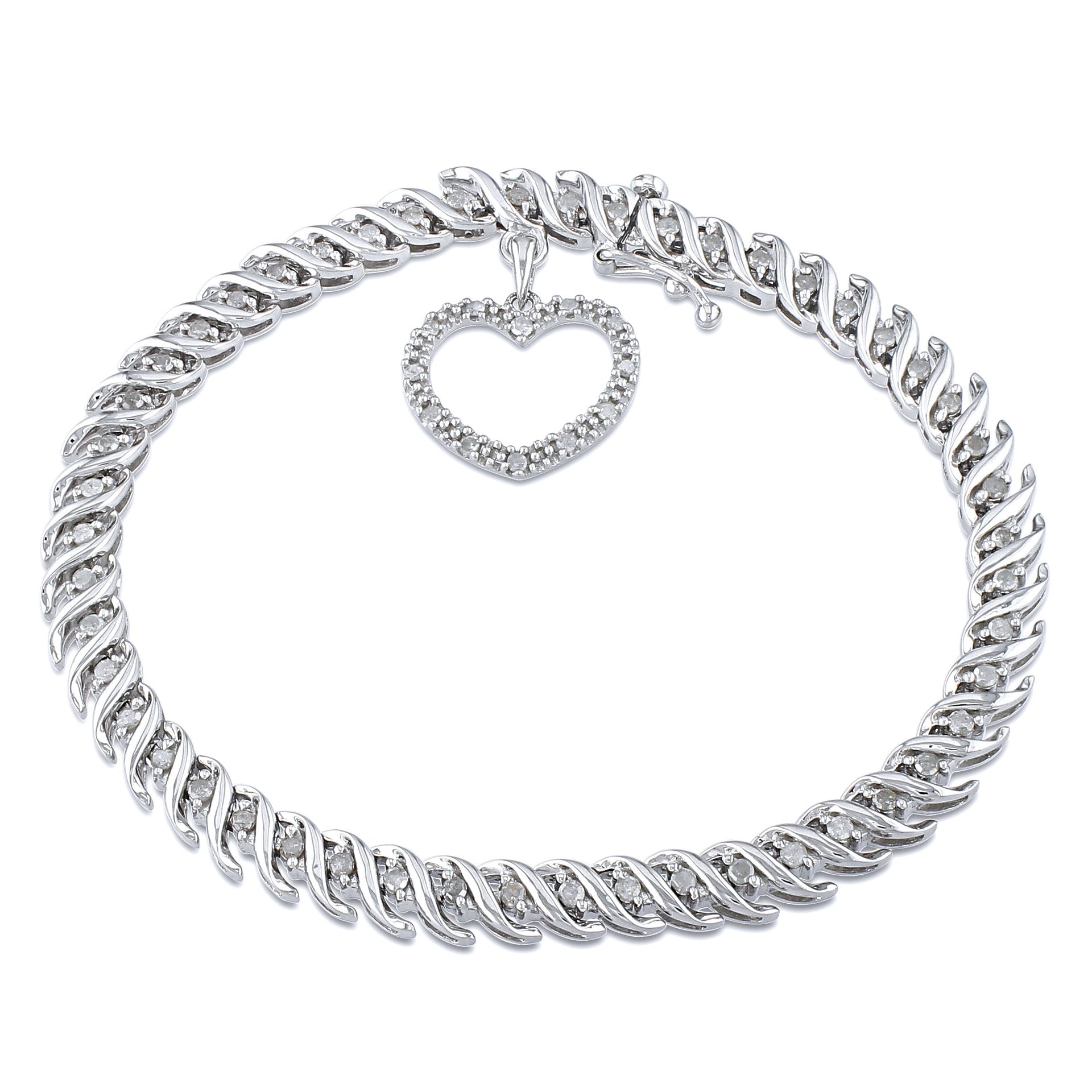 1ct TW Diamond Tennis Bracelet with Heart Charm in Sterling Silver
