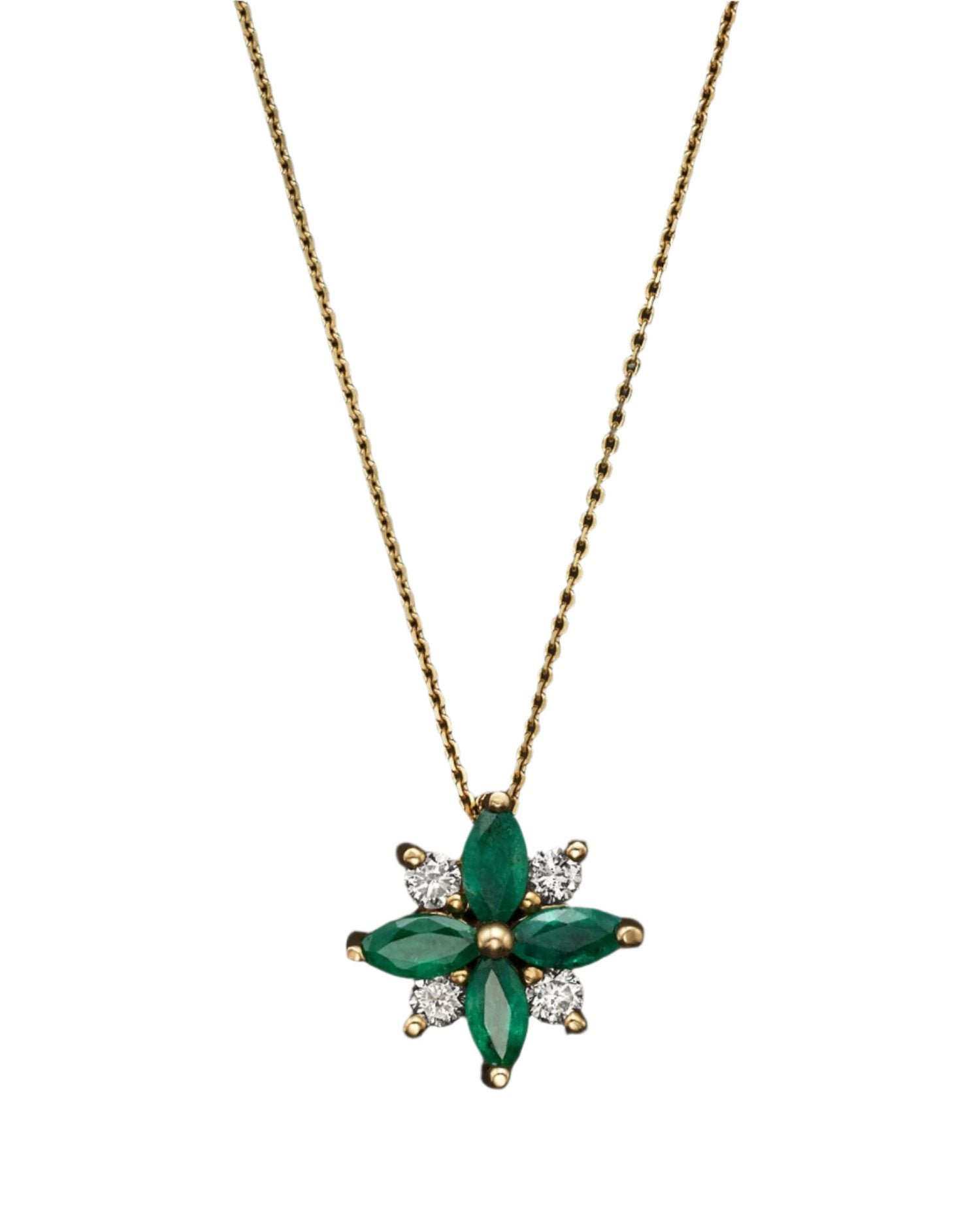 Emerald and Diamond Flower Pendant Necklace in 14K Yellow Gold, 18' - Exclusive