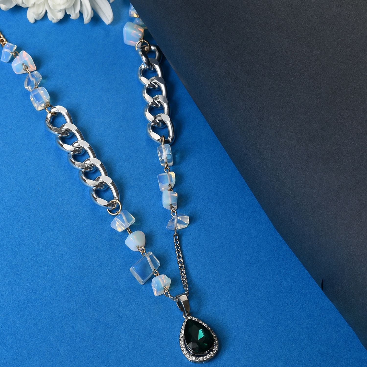 Green Color Silver Plated Designer Stone Necklace For Women's