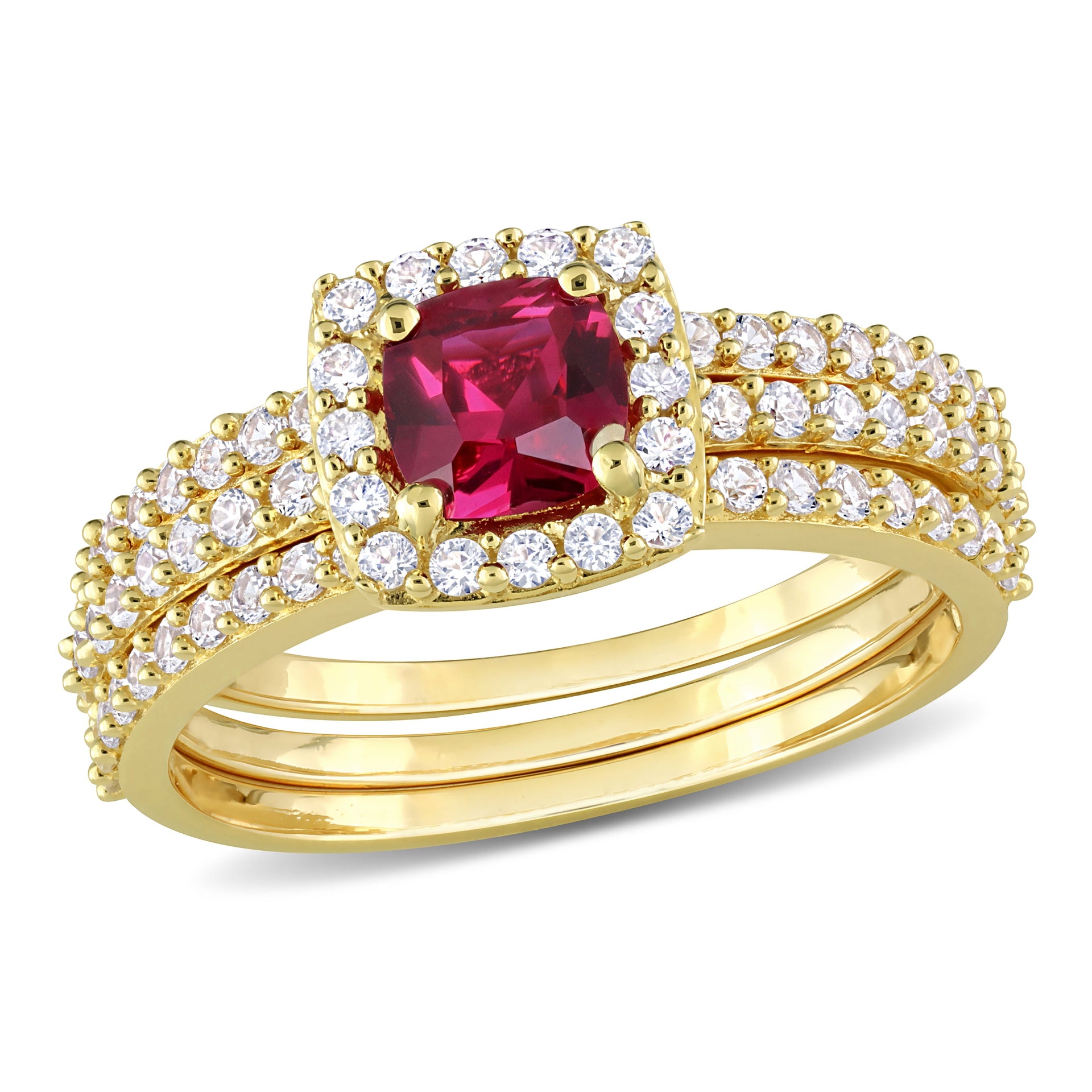 1 1/2 ct TW Created Round Created White Sapphire Bridal Three-Ring Set in Yellow Silver