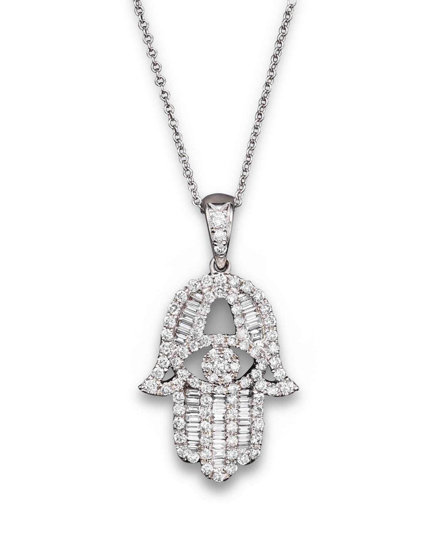 Diamond and Baguette Hamsa Pendant Necklace in 14K White Gold, 0.55 ct. t.w. - Exclusive