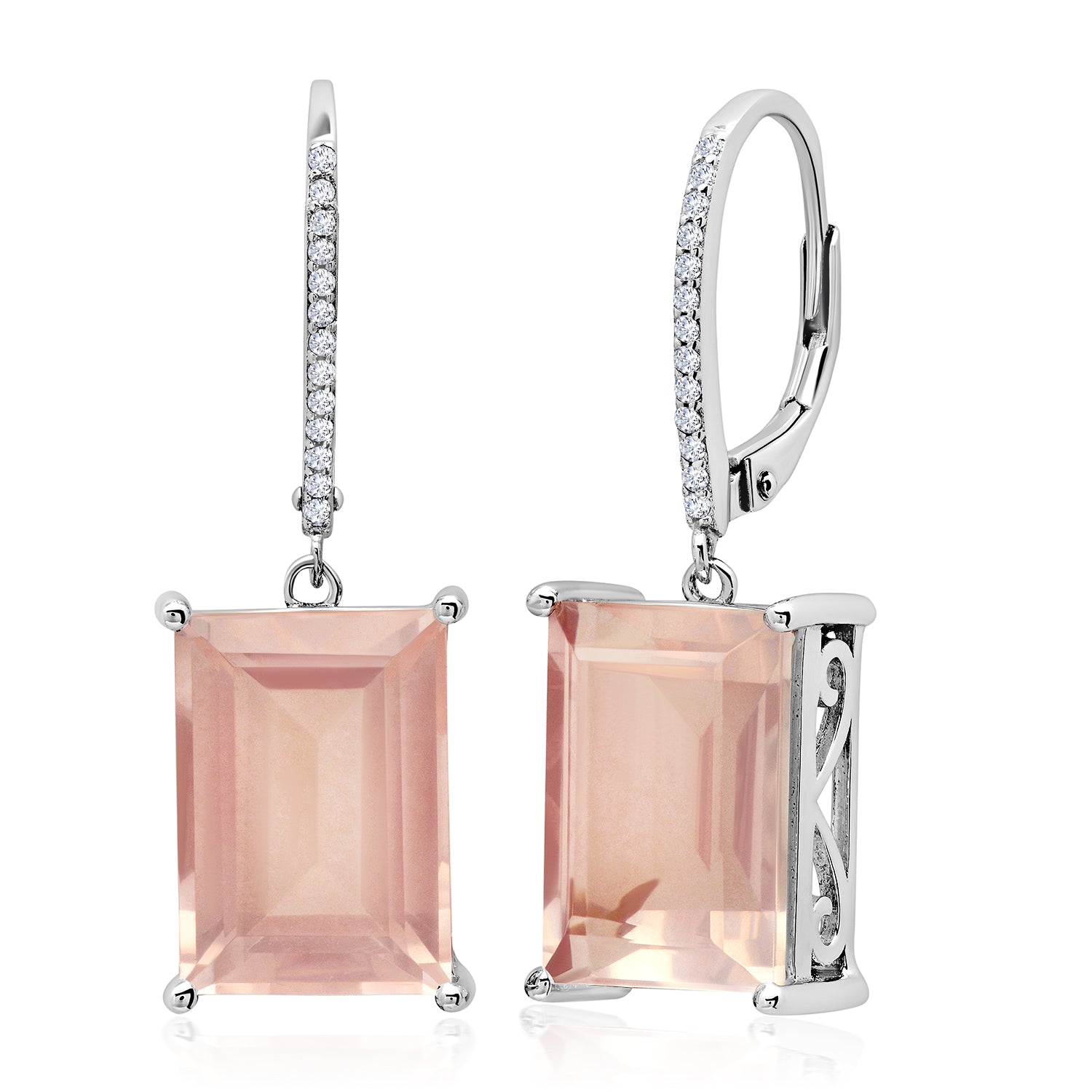 Emerald Cut Gemstone Quartz Dangle White Topaz Detail Leverback Earrings in Sterling Silver (14x10mm)