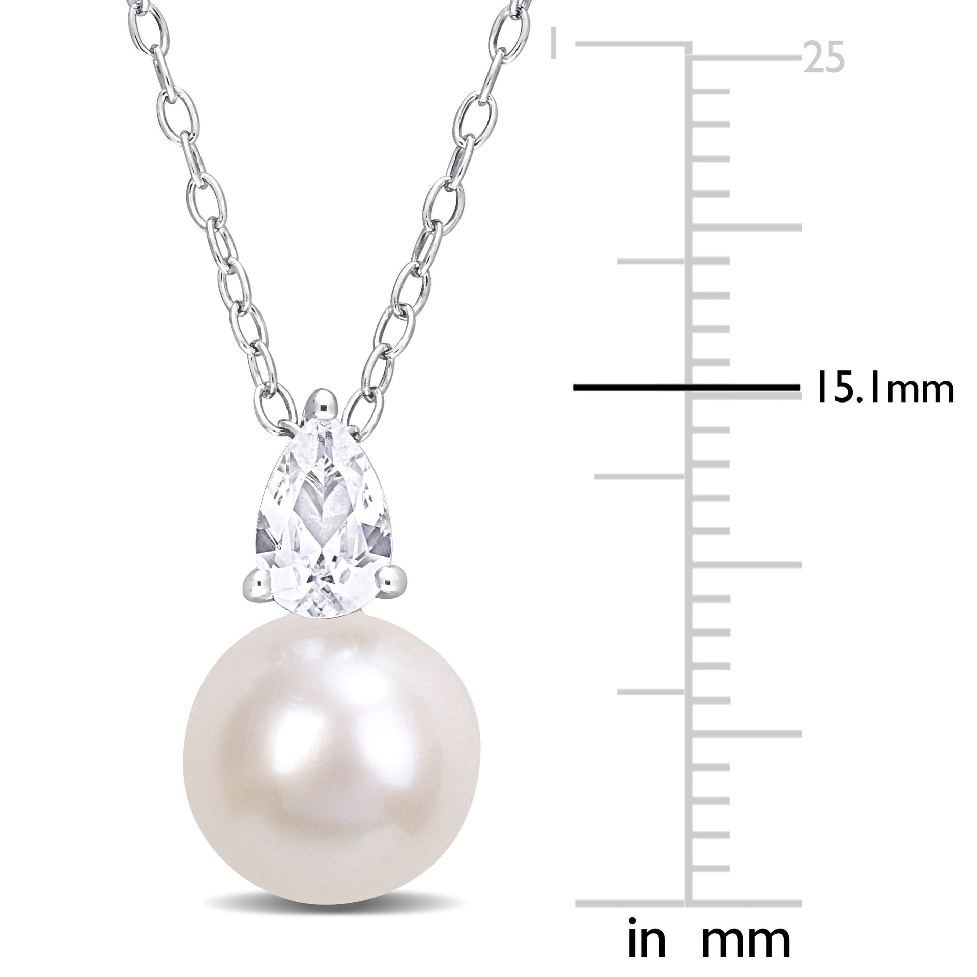 8.5-9 MM White Freshwater Cultured Pearl and 5/8 CT TGW Created White Sapphire Solitaire Pendant with Chain in Sterling Silver