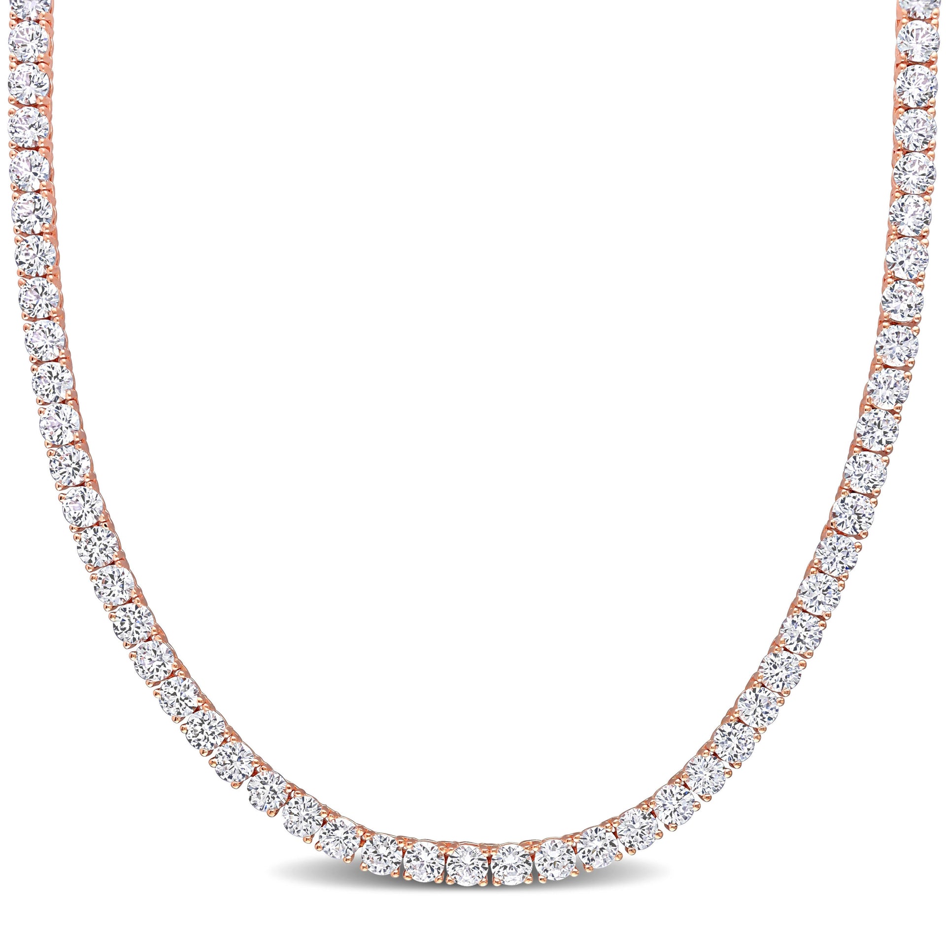 33 CT TGW Created White Sapphire Tennis Necklace in Rose Plated Sterling Silver